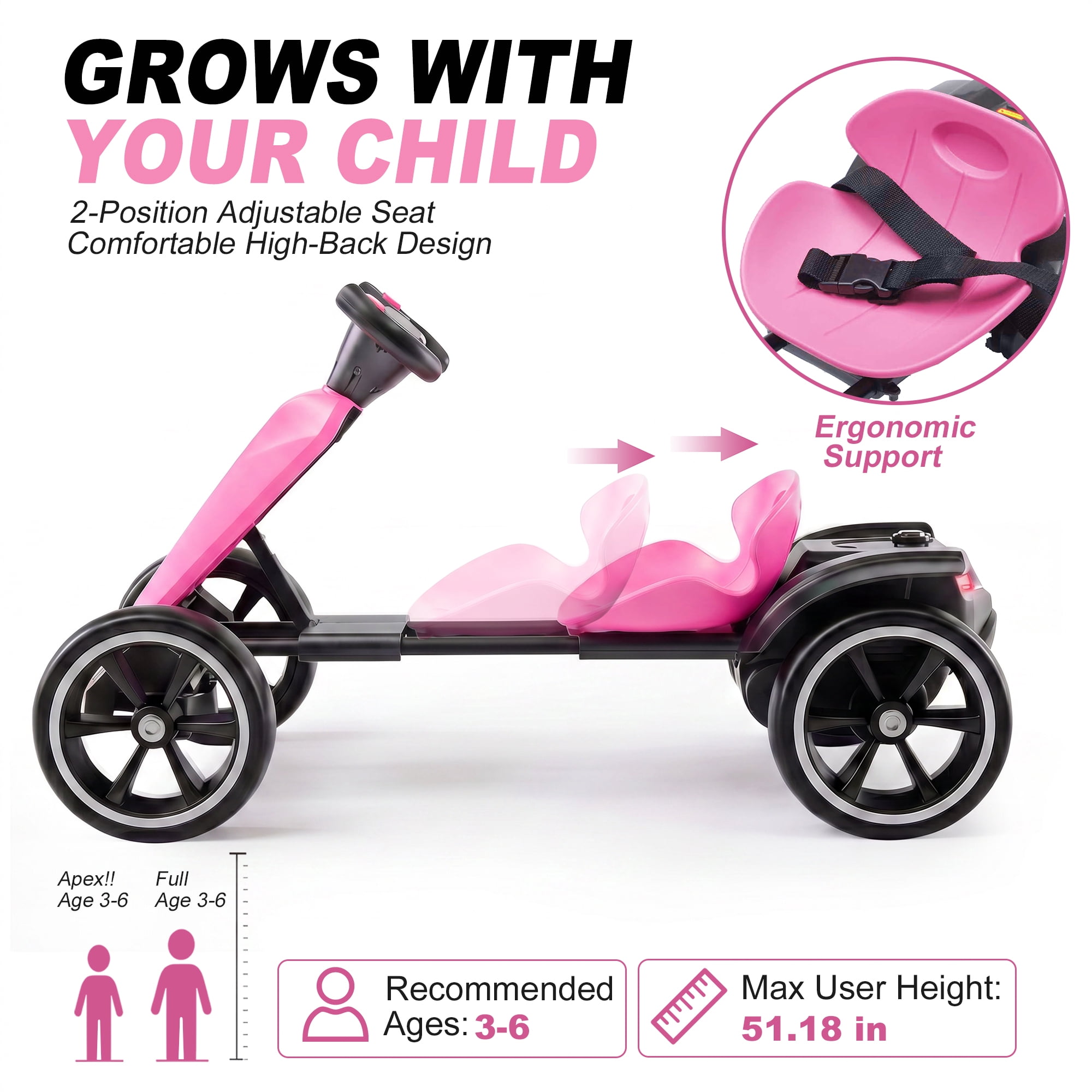 Holaki 12V Electric Go Kart for Kids, Battery Powered Ride-on Toy with LED Lights and EVA Wheels (Pink, 88 lb Capacity) ujaw5