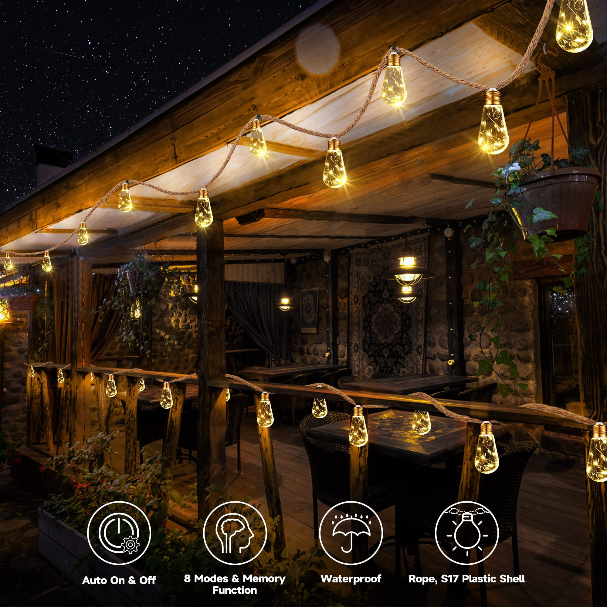 Ceevoo Solar Outdoor String Lights, Vintage Hemp Rope Patio Lighting, Waterproof Warm White LED Decor (20 ft, 16 Bulbs) b1nf5