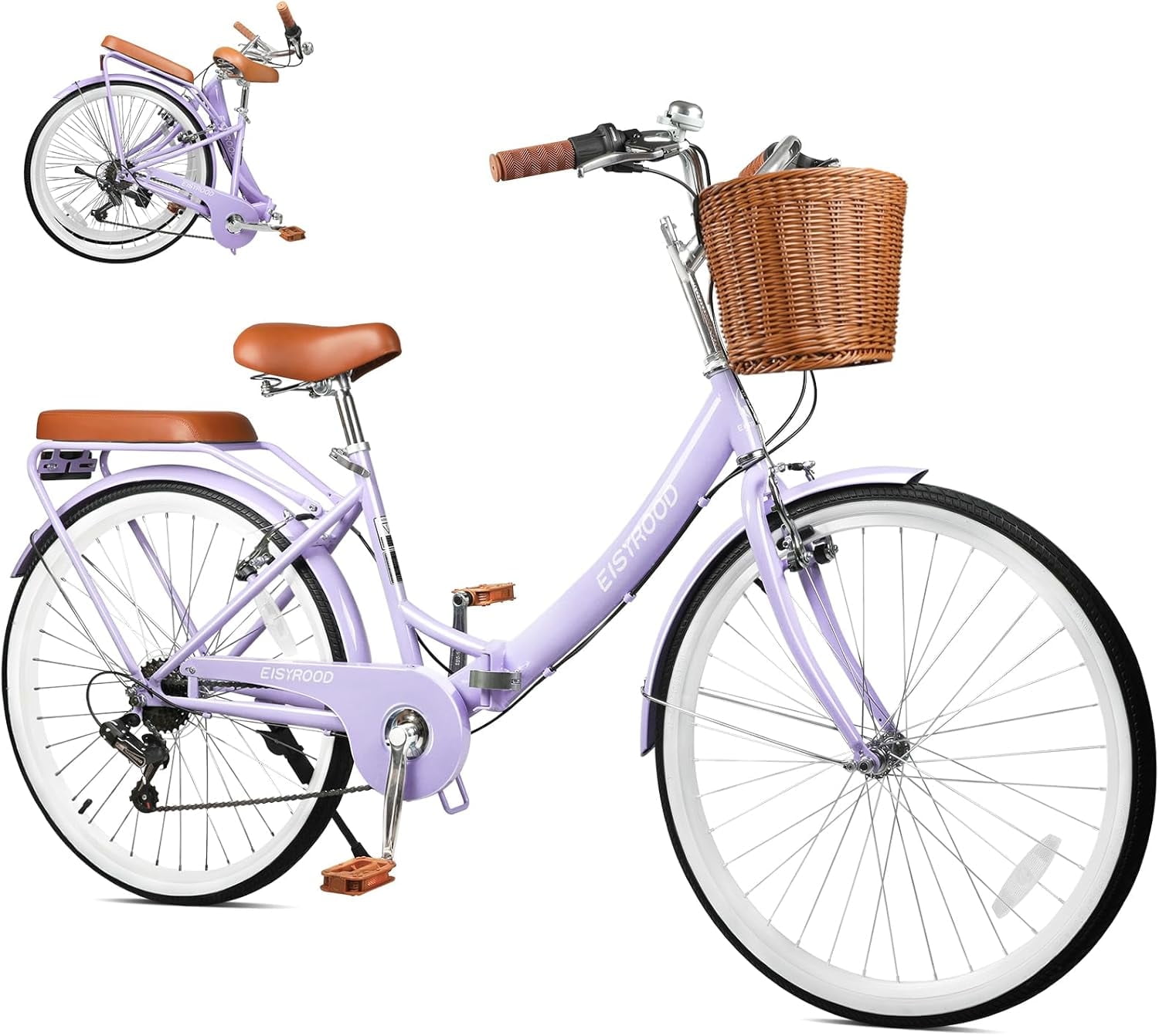 Esheno 26 in 7-Speed Folding Cruiser Bike, Lightweight Commuter Bicycle with Adjustable Seat (Purple, 26 in) 1qf4p