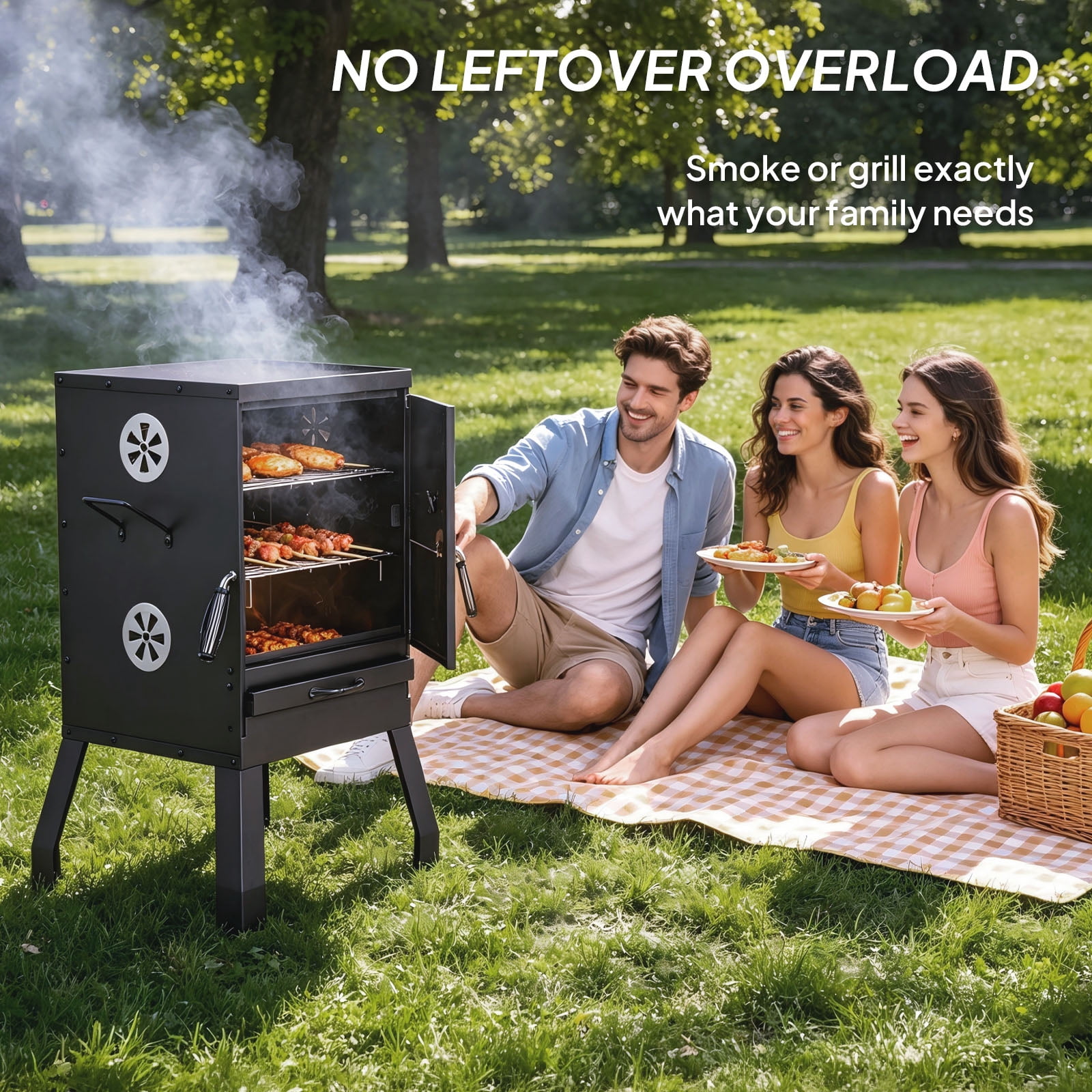 BIBIVIS Portable Vertical Charcoal Smoker Grill with Thermometer and Dual Racks (Black, 31.5 in Height) 3ywyk