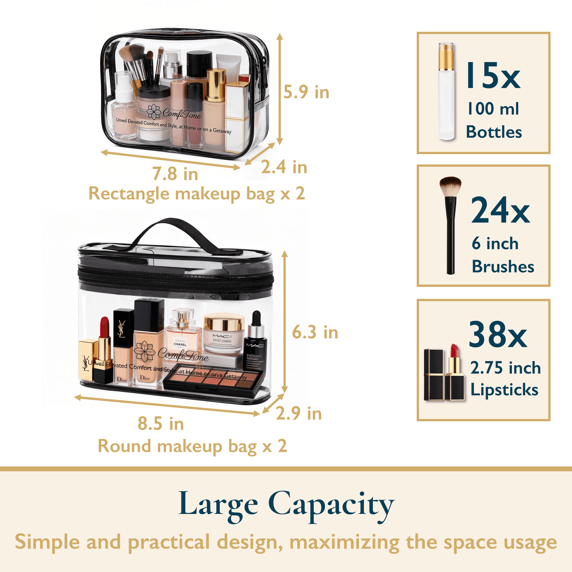 ComfiTime Clear Makeup Bag Set, TSA Approved Travel Toiletry Organizer, Waterproof Cosmetic Pouch for Travel & Daily Use (Clear, 4-Pack) hrxys