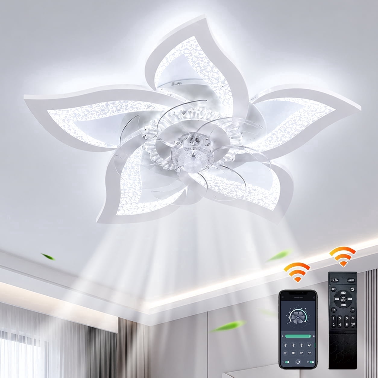 Garwarm 24.6 in Flower Ceiling Fan with Light, Low Profile Flush Mount Fandelier, Dimmable LED Light with Remote, 6-Speed Reversible Motor (White, 24.6 in) b9vrf