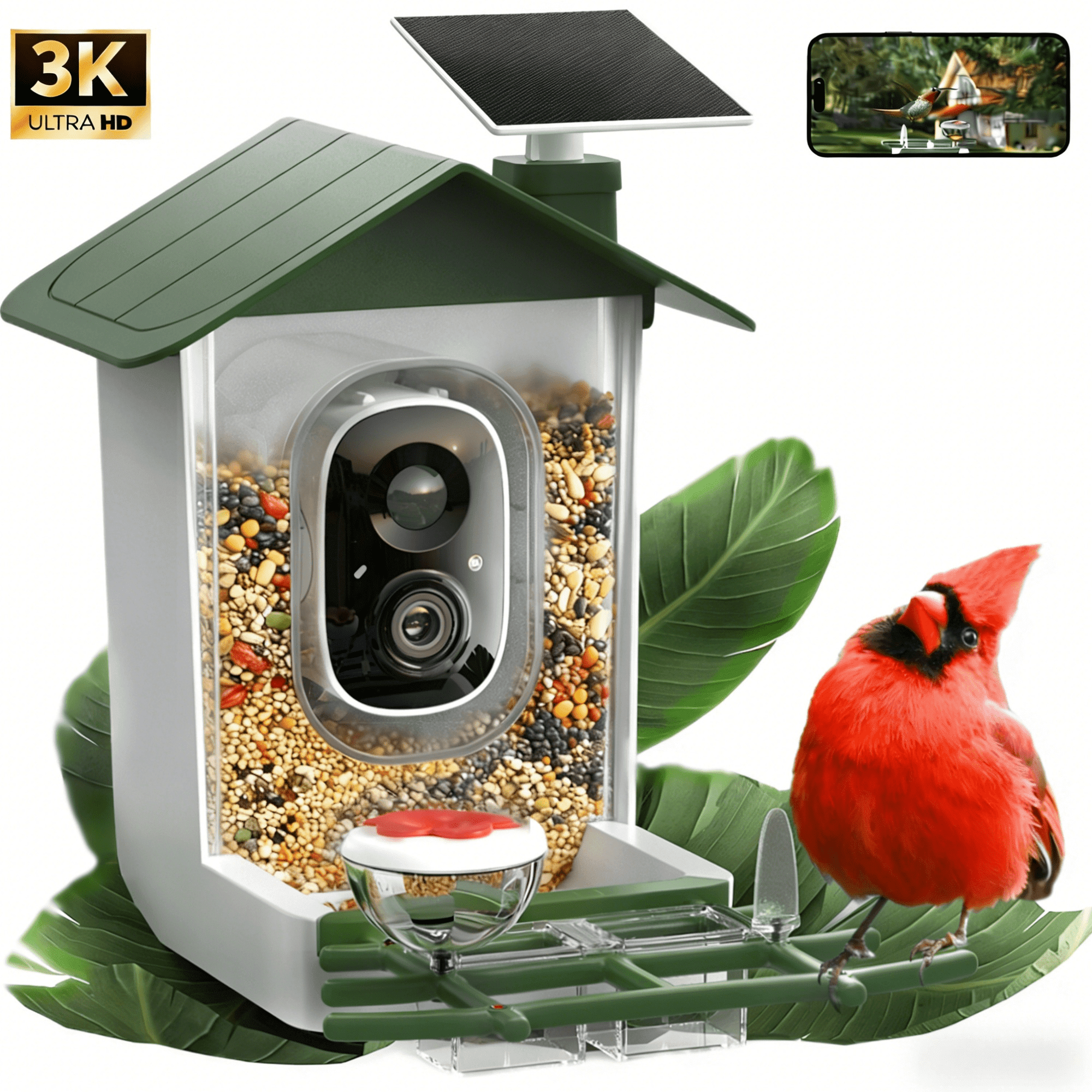 Mehoom Smart Bird Feeder with Camera, 3K HD AI Bird Recognition, Solar Powered Outdoor Wildlife Camera (Green) 2k1ye
