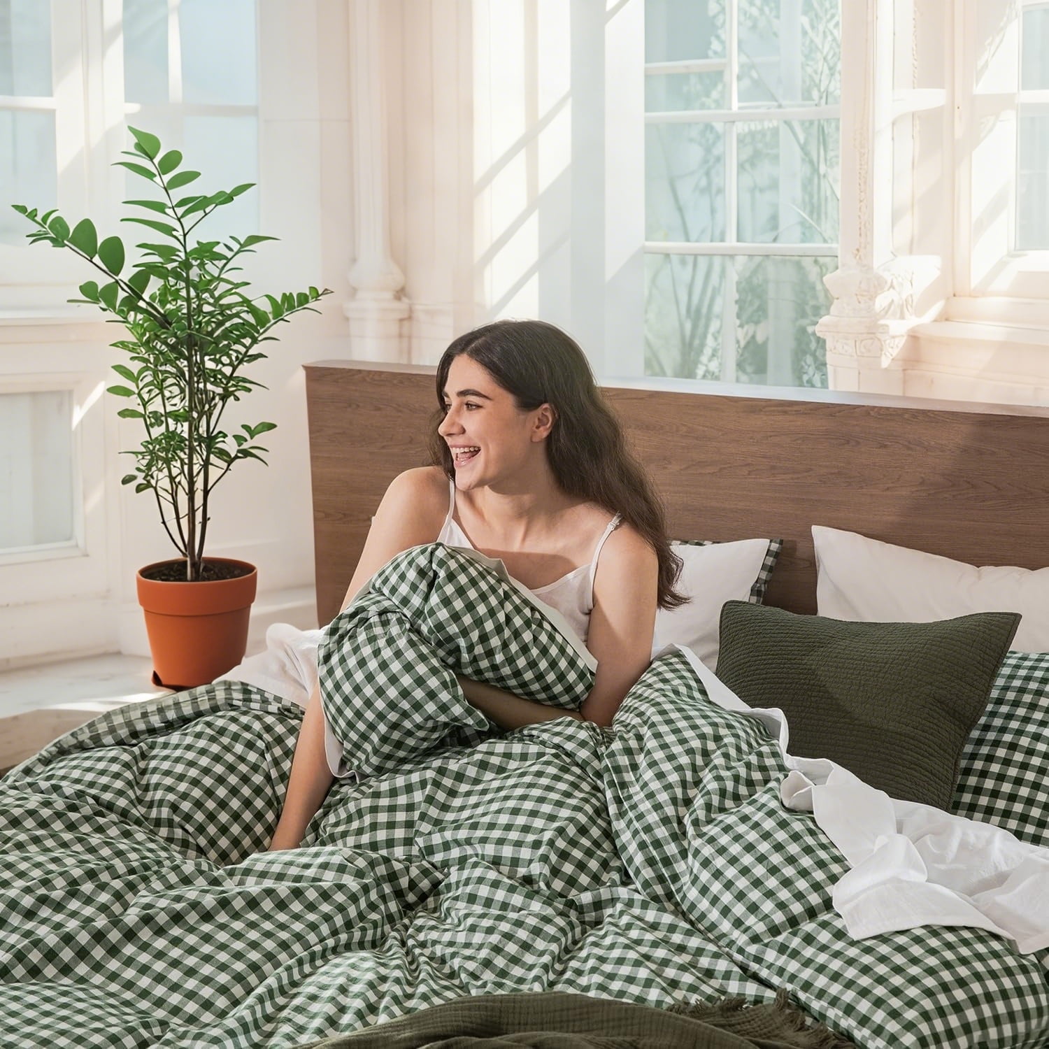 Nayoroom Organic Cotton Gingham Duvet Cover Set, Breathable Textured Bedding with Corner Ties (Dark Green, Queen) ctzkp