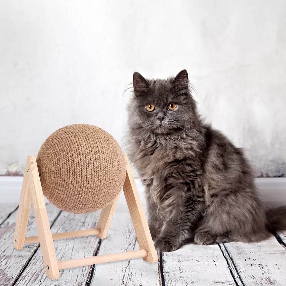 Oenbopo Cat Scratching Ball Toy, Natural Sisal Spinning Scratcher with Solid Wood Base (Brown, 4.7 in) ftv83