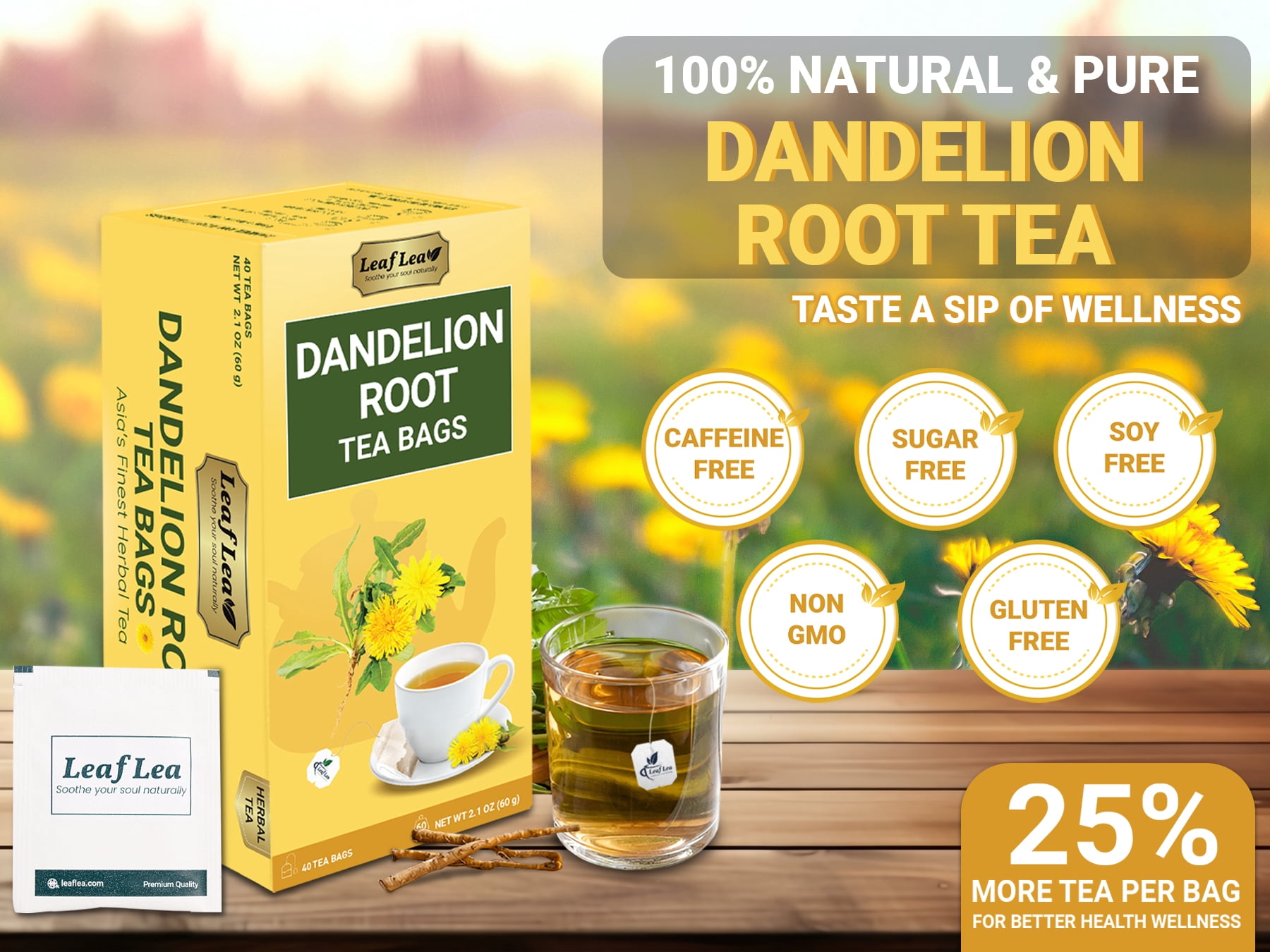 LeafLea Dandelion Root Herbal Tea Bags, Caffeine-Free Natural Tea Blend (240 Count, 6 Packs) l146r