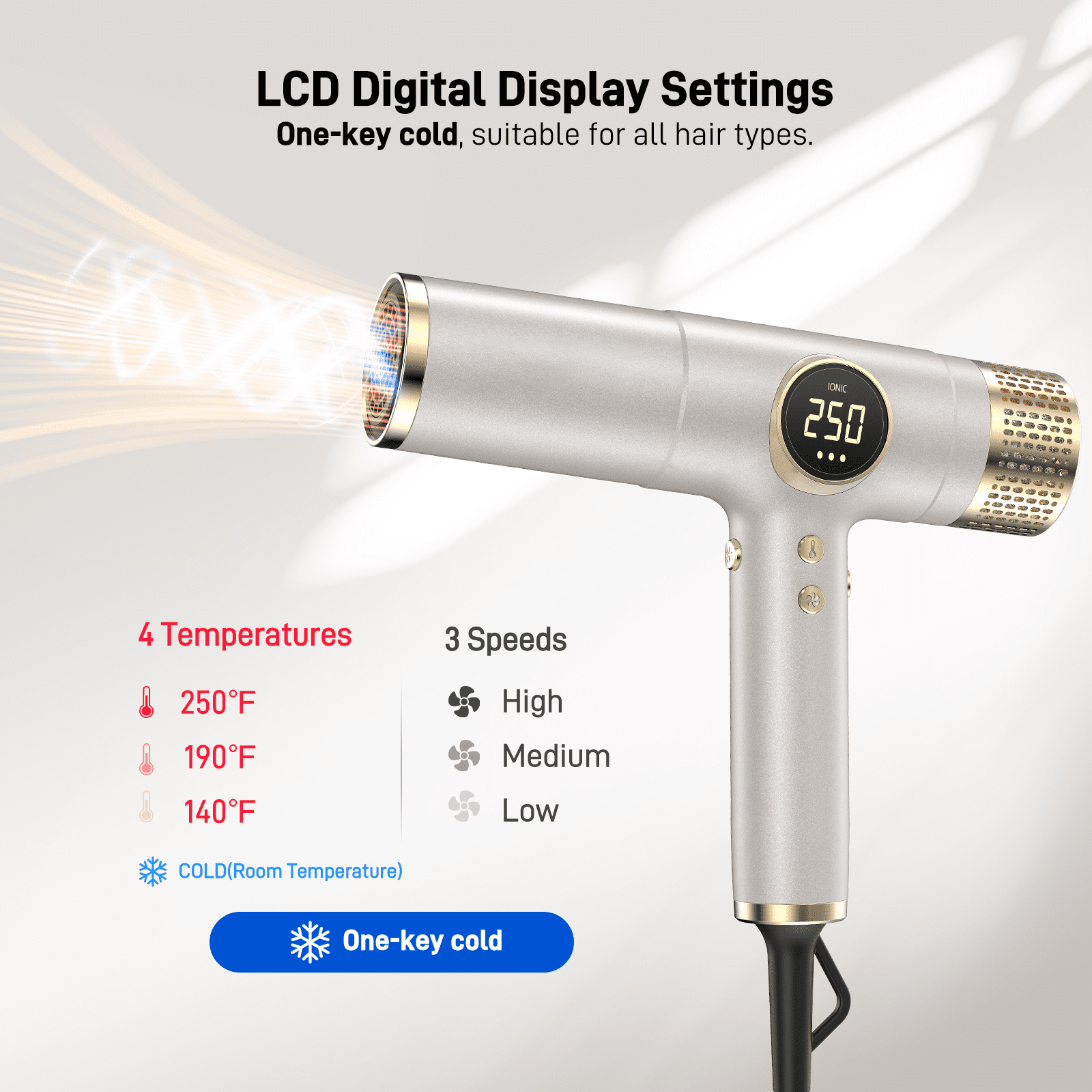 RACCOMB Professional Ionic Hair Dryer, High-Speed Salon Blow Dryer with 3 Attachments (Gold, 1 Unit) iiozx