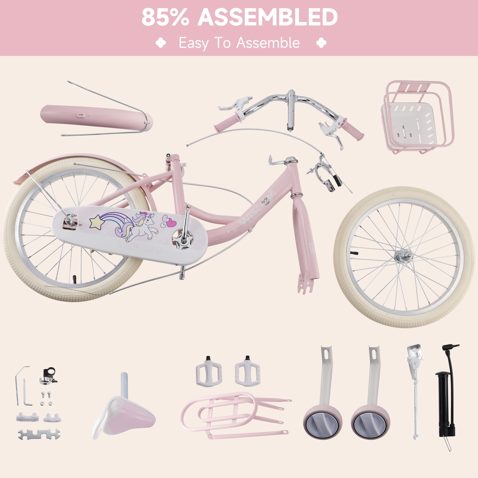 Bruce & Shark Kids Bicycle with Training Wheels and Basket (Pink, 18 in) 6vb7m - Image 6