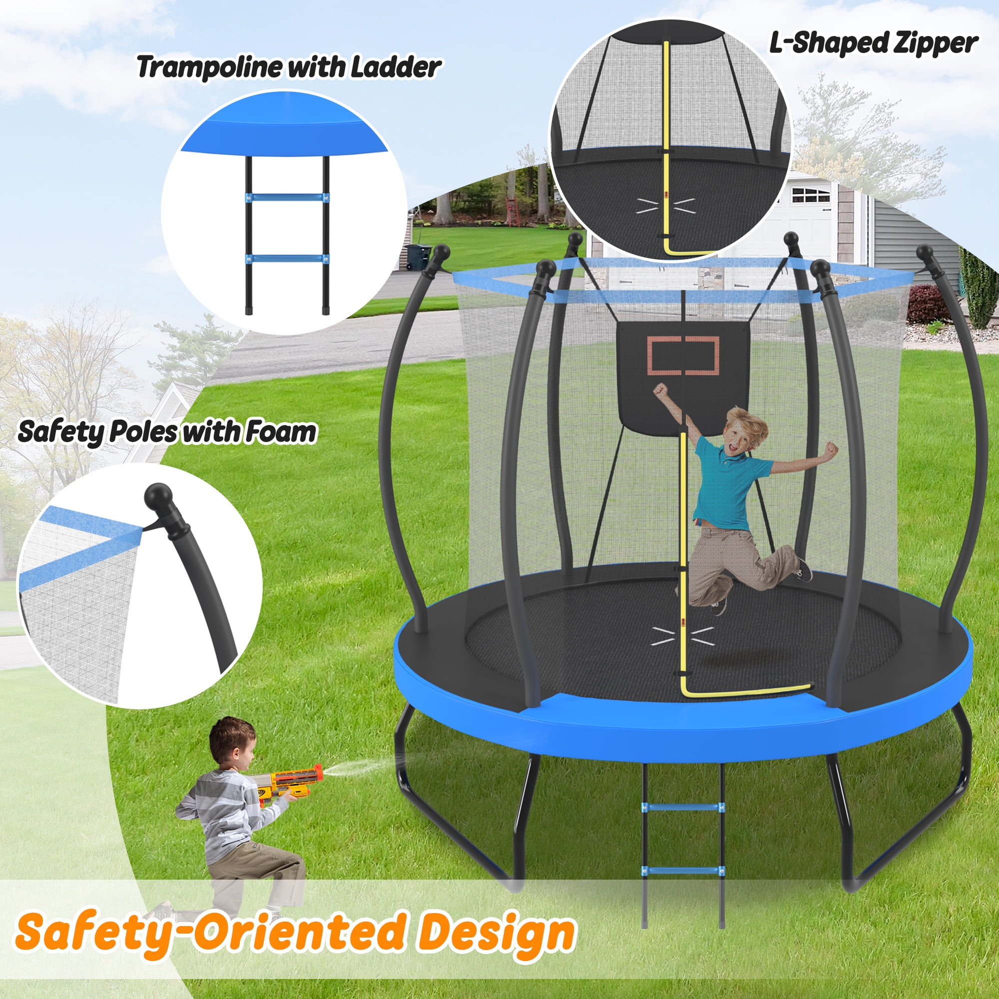 Segmart 8 ft Round Recreational Trampoline with Enclosure, Basketball Hoop, and Ladder (Blue, 8 ft) lm2w9