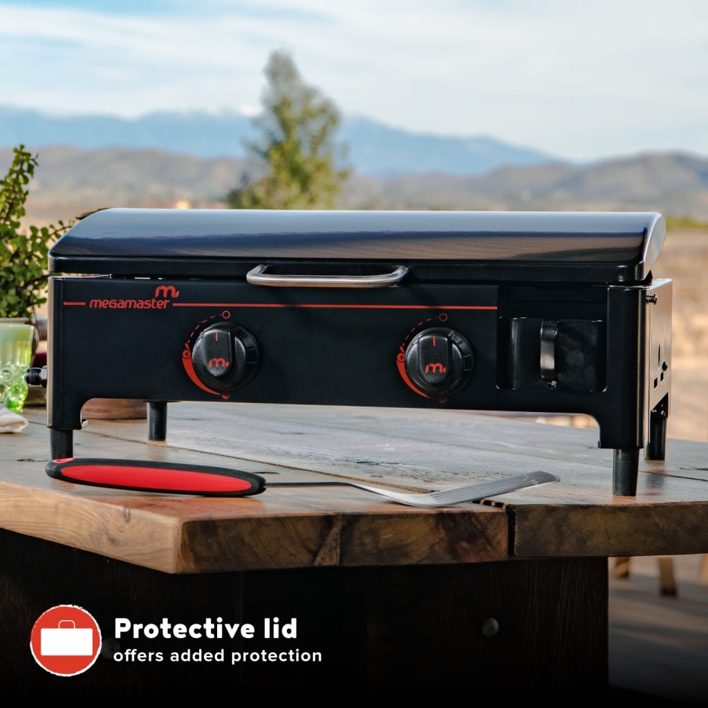 Megamaster 2-Burner Portable Gas Griddle with Built-In Lid, Outdoor Tabletop Propane Grill (Black, 282 sq in) onxqc