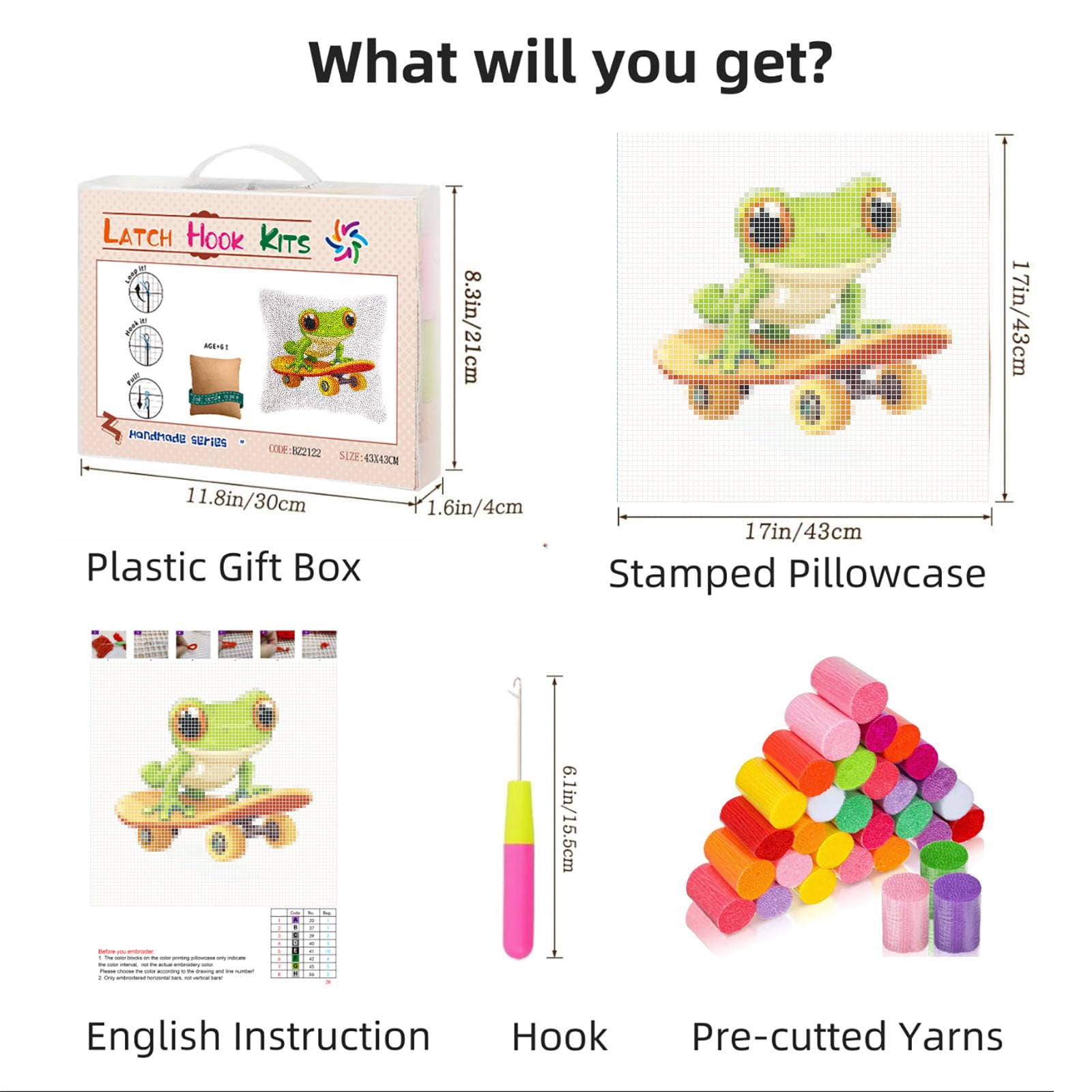 DIY Latch Hook Pillow Kit Cartoon Frog Skateboard Design Handmade Craft Set (17x17 in) 7i6rv