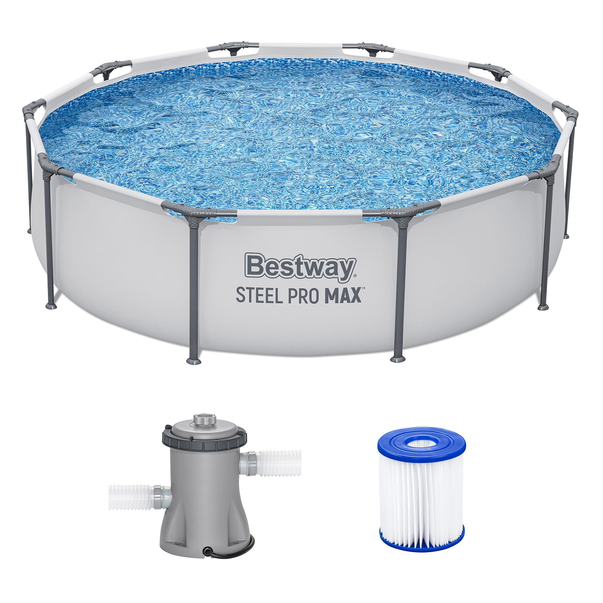 Bestway Steel Pro MAX Above Ground Pool Set with Filter Pump and Cartridge (Gray, 10 ft x 30 in) 9n7hm