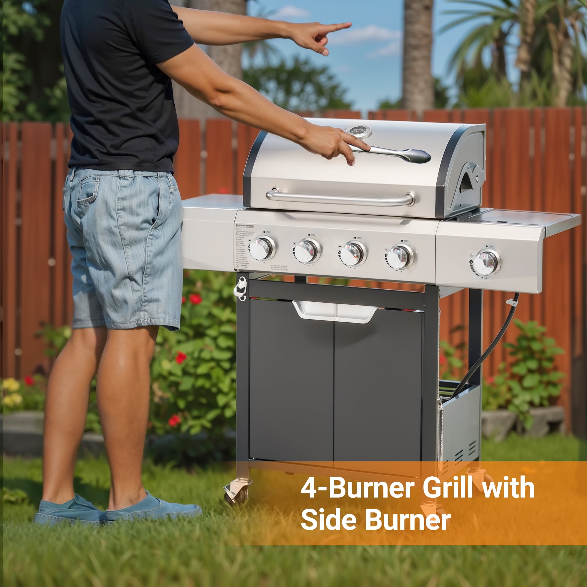 Aminy 4-Burner Propane Gas Grill with Side Burner, Stainless Steel Outdoor BBQ Grill with Lid and Wheels (Silver, 46790 BTU) 15j24