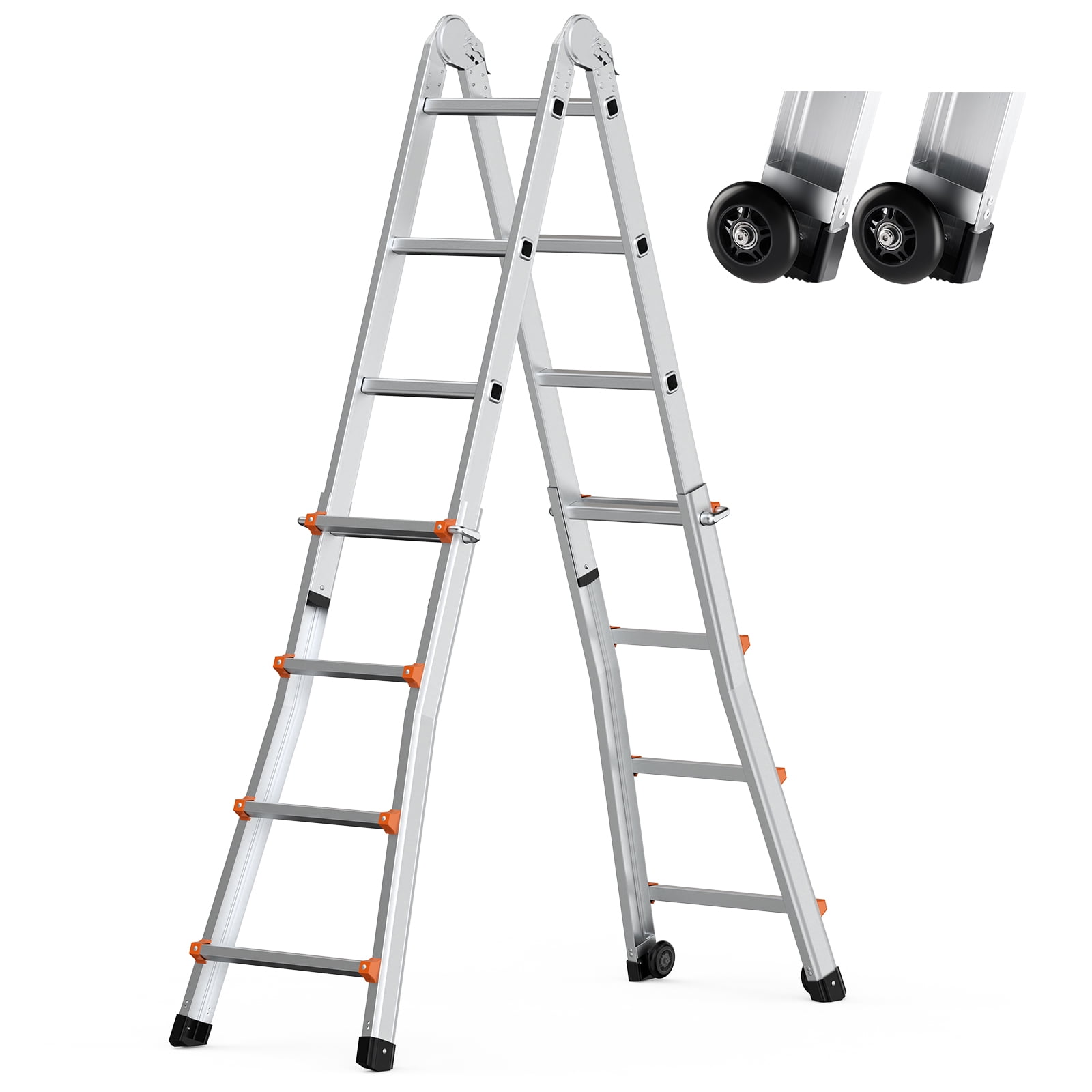KFFKFF A-Frame Telescopic Extension Ladder, Multi-Purpose Aluminum Foldable Ladder for Home and RV (Silver, 15 ft) 2lz24