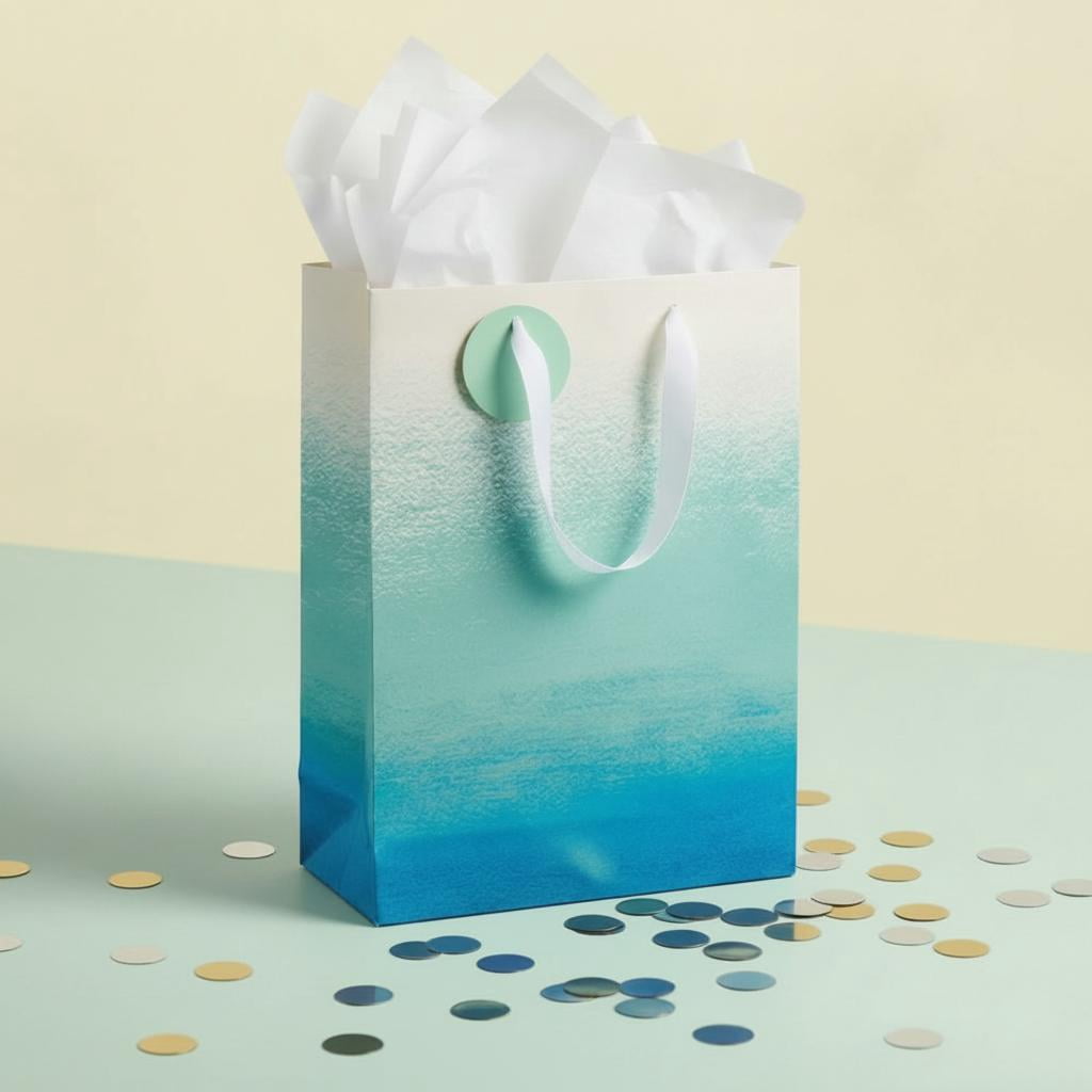 Way To Celebrate Jumbo Paper Gift Bag, Ombre Design with Ribbon Handles (Blue and White, 14.5 in x 5 in x 18 in) us7vd