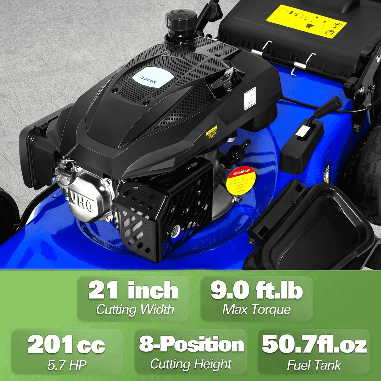 ANLIBATT 21 Inch Self-Propelled Gas Lawn Mower (201cc 4-Cycle Engine, 3-in-1 Cutting System, Blue) 9b6lz