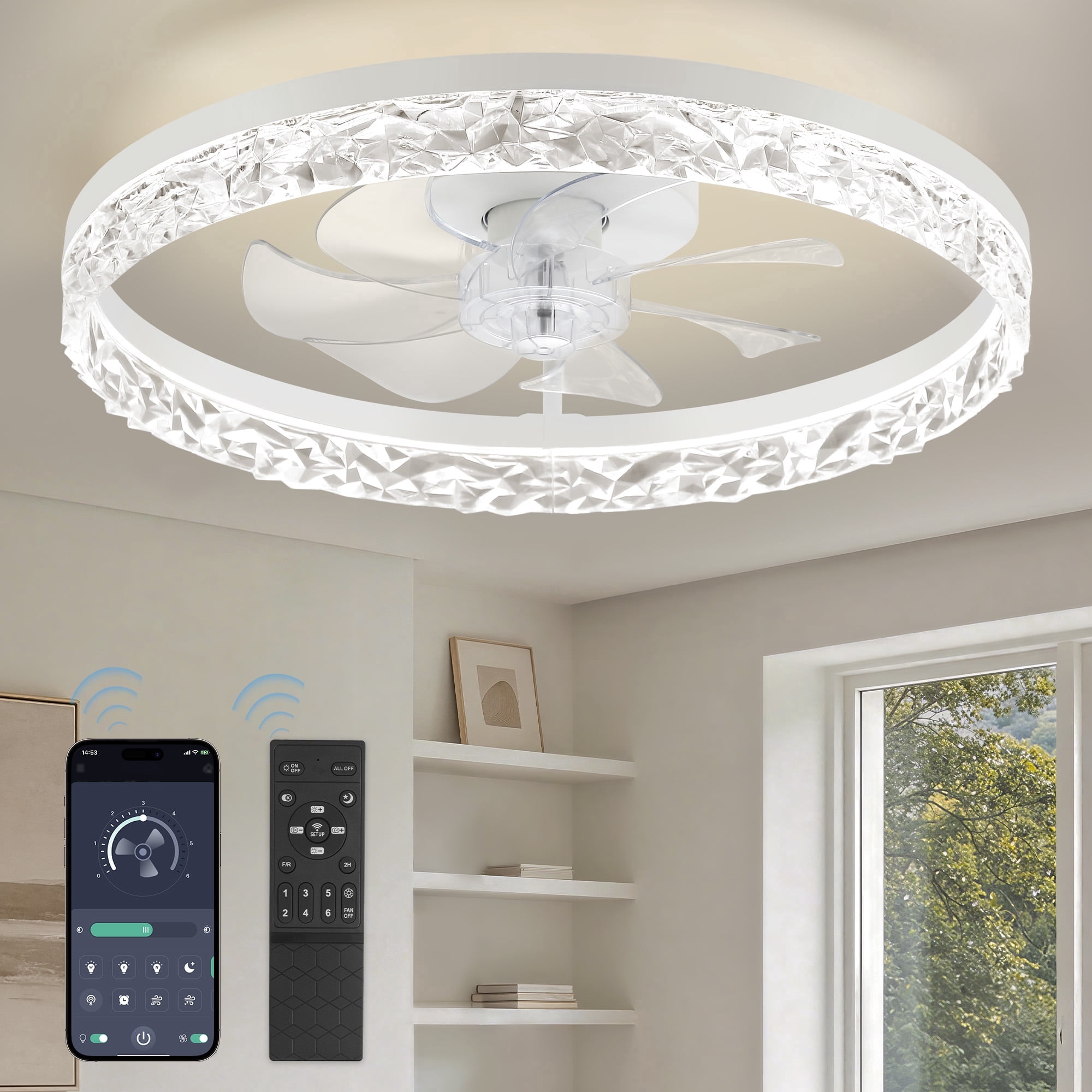 Lokivas 20 in Modern Flush Mount Ceiling Fan with Light, 6-Speed Dimmable LED, App and Remote Control (White, 20 in) zz1hg