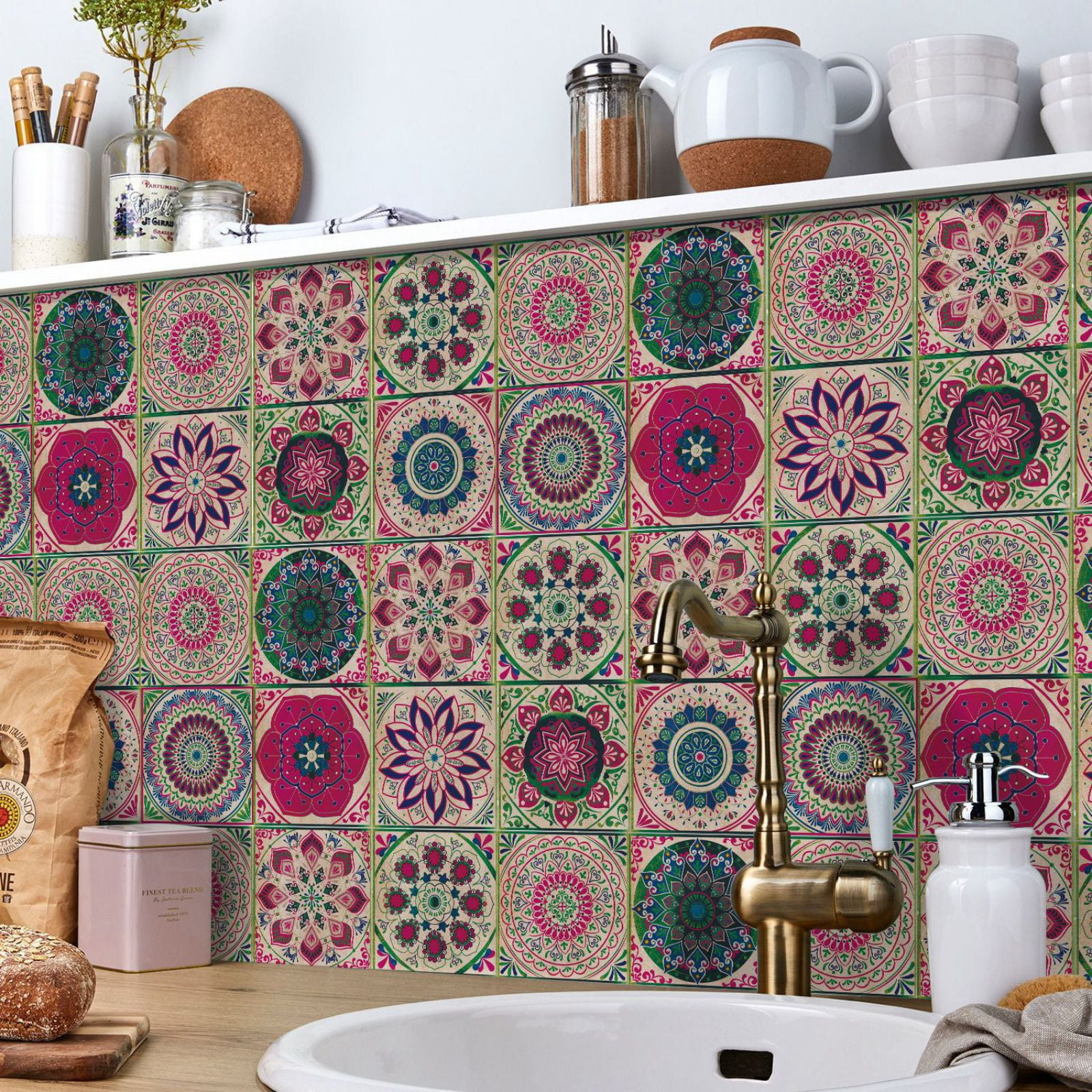 Hanyge Peel and Stick Vinyl Backsplash Tile Decals, Waterproof Removable Wall Stickers for Kitchen and Bathroom (Multi-Color, 24 Pack, 4 in x 4 in) yhwaf