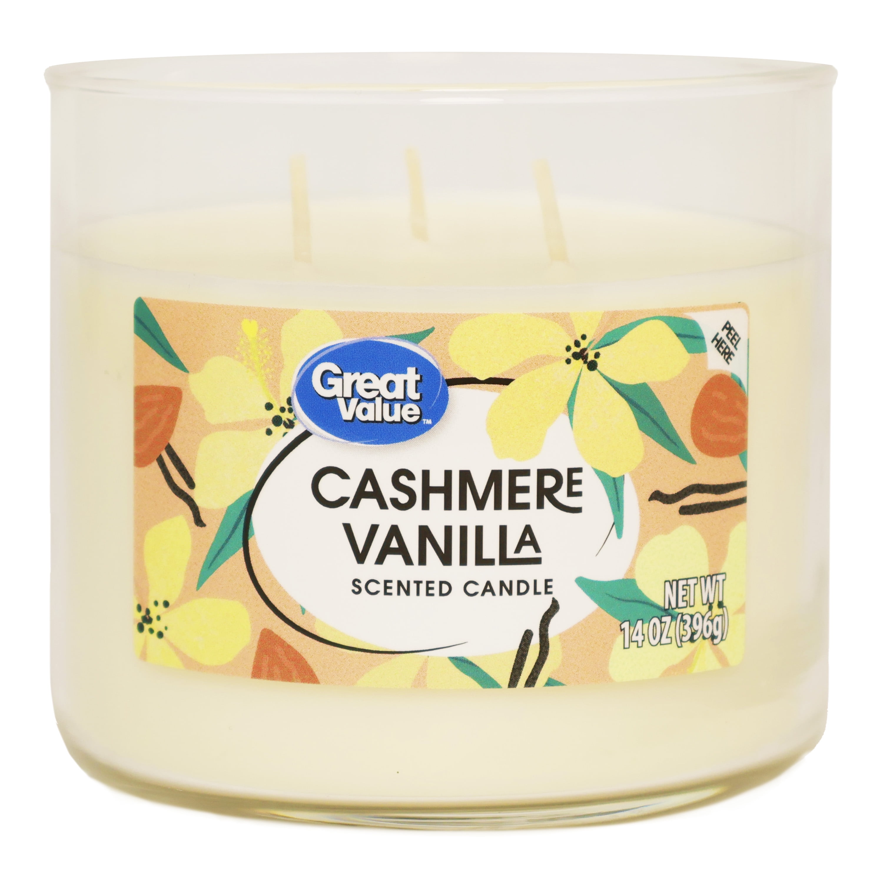 Great Value Cashmere Vanilla Scented Candle, 3-Wick Soy-Blend Wax, Long-Lasting Fragrance (White, 4 Pack, 14.5 oz) 03aue