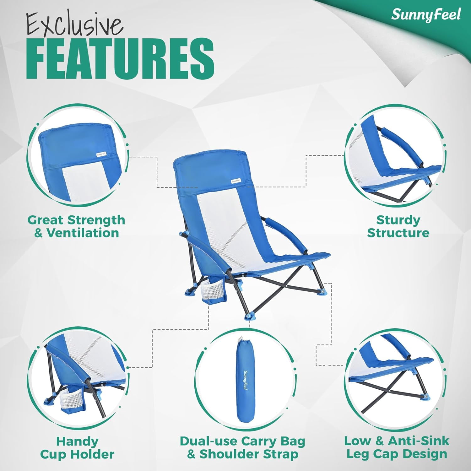 Sunnyfeel Folding Low Camping Beach Chair, Portable Lawn Chair with Mesh Back (Blue, 7.5 lb) 7ndl3