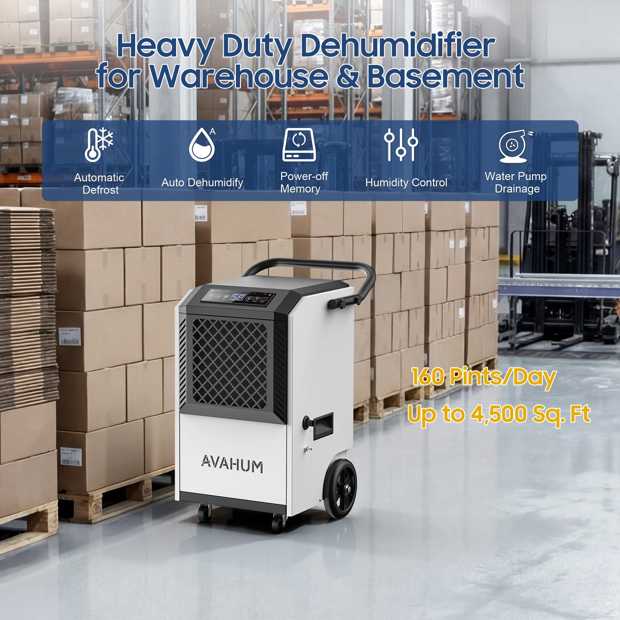 AVAHUM Commercial Dehumidifier with Pump for Basements and Job Sites (White, 160 Pints) whz6j