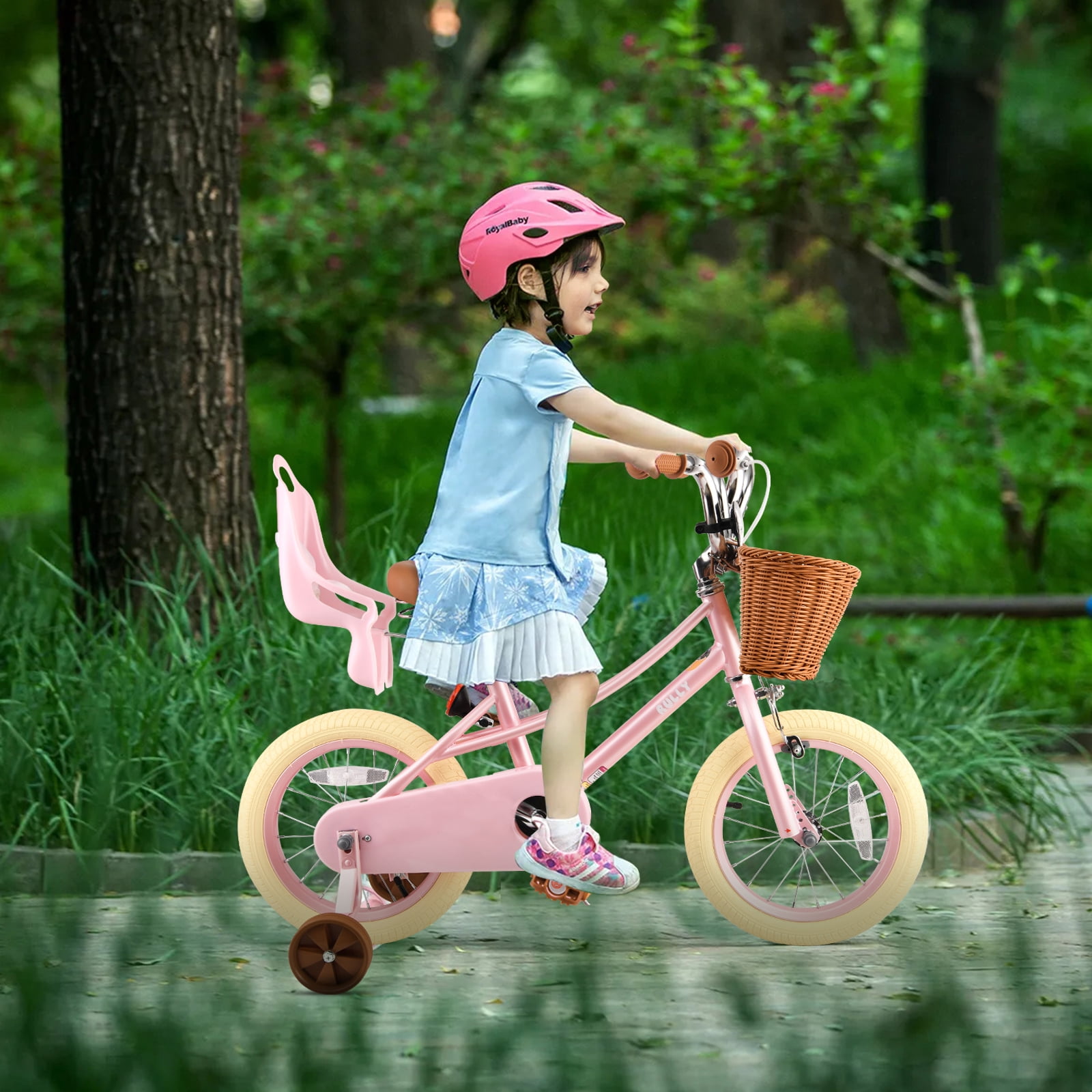 Rully 14 Inch Girls Retro Cruiser Bike with Training Wheels, Basket, and Doll Seat (Pearl Pink, 14 in) 54ffr