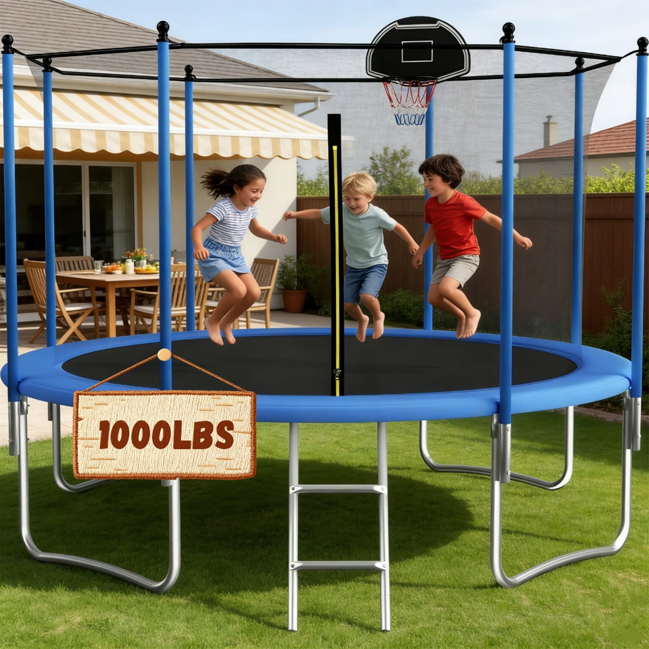 Shengchao Trade 12 ft Recreational Trampoline with Enclosure, Basketball Hoop, and Safety Ladder (Blue, 1000 lb) jjouu