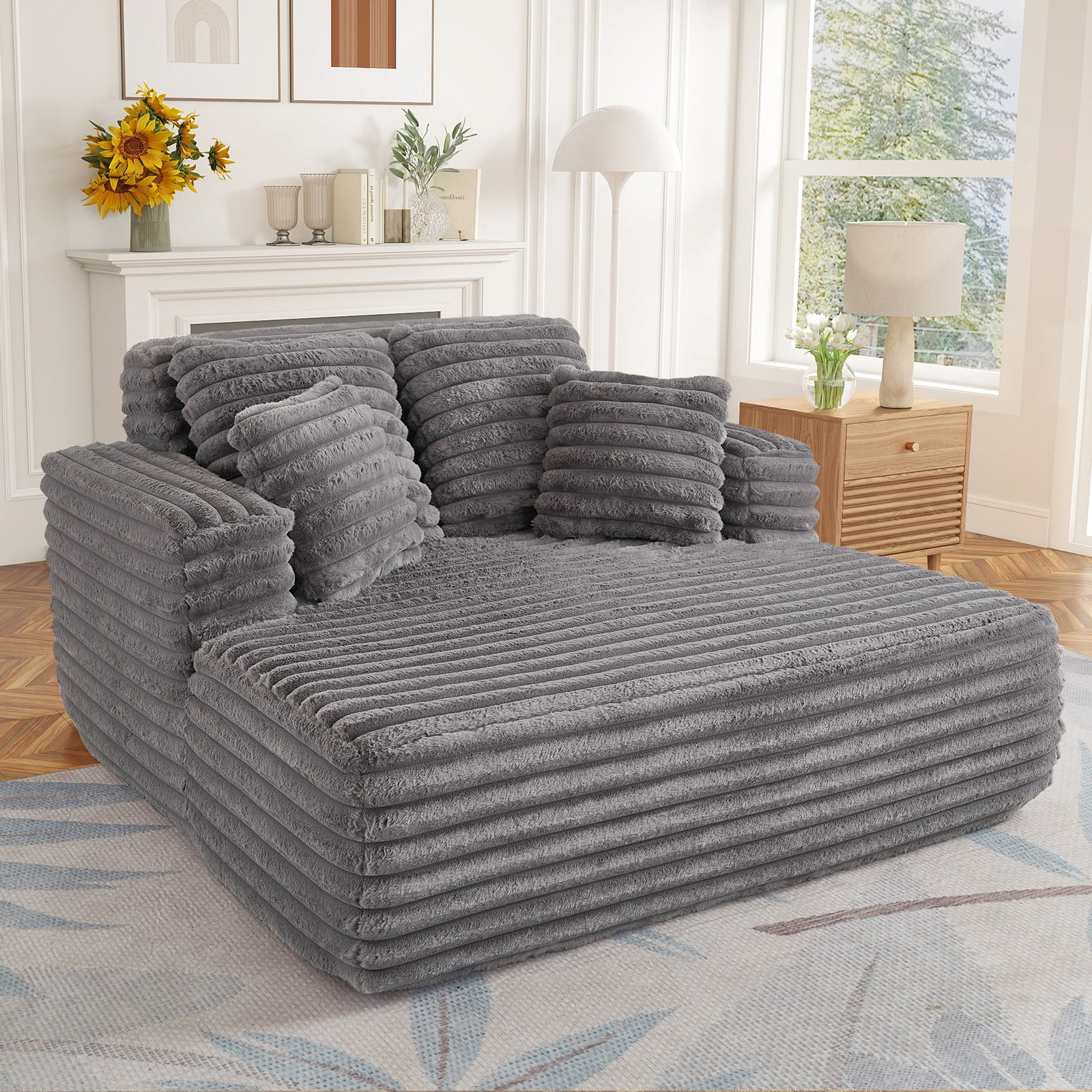 Muumblus Oversized Chaise Lounge Chair, Plush Corduroy Upholstered Sleeper Sofa for Living Room (Grey, 60 in x 40 in) gjbc4