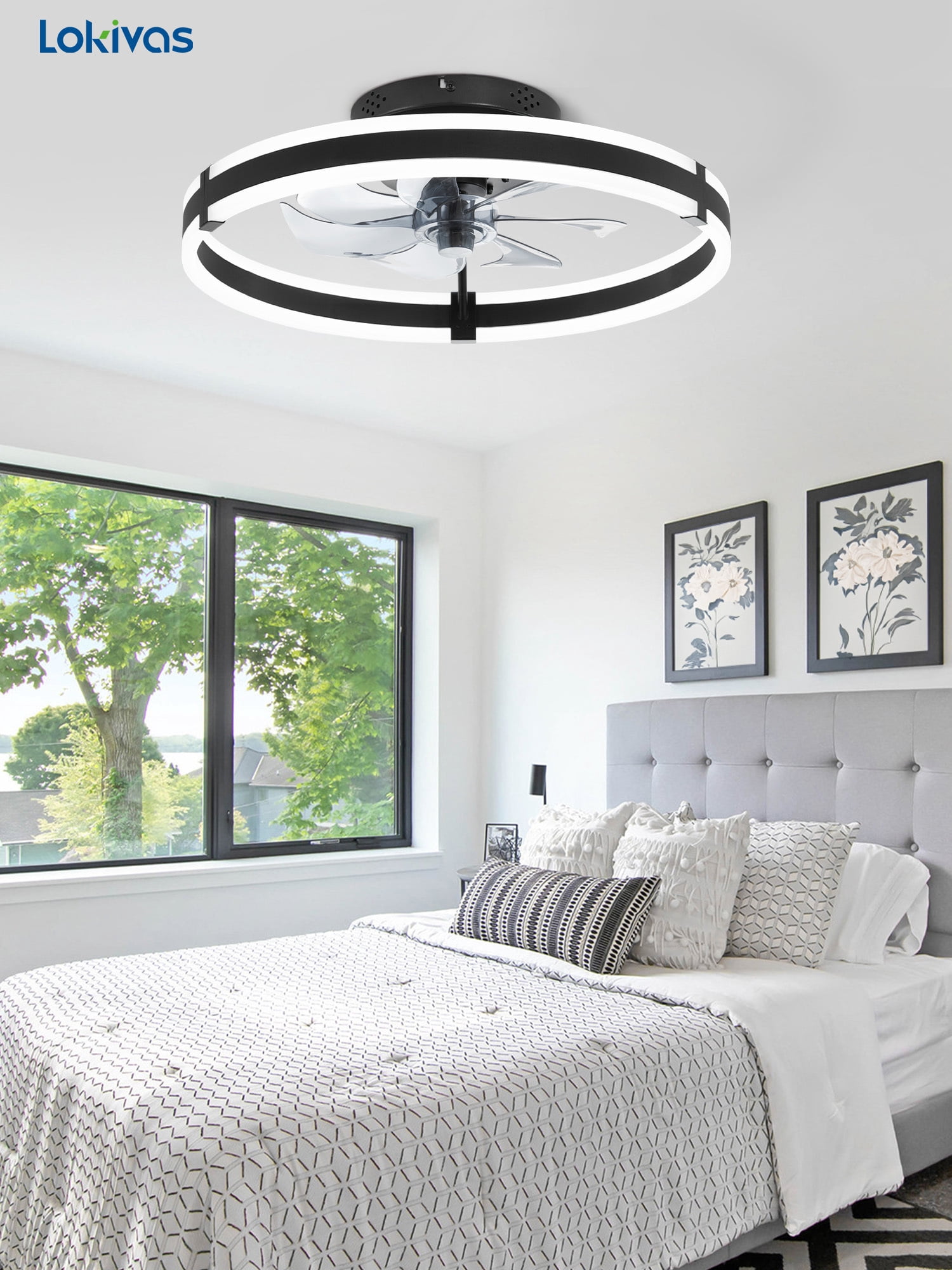 Lokivas 20 in Modern Ceiling Fan with Light, Flush Mount, Dimmable LED, 6-Speed Quiet DC Motor, App and Remote Control (Black, 20 in) z63zs