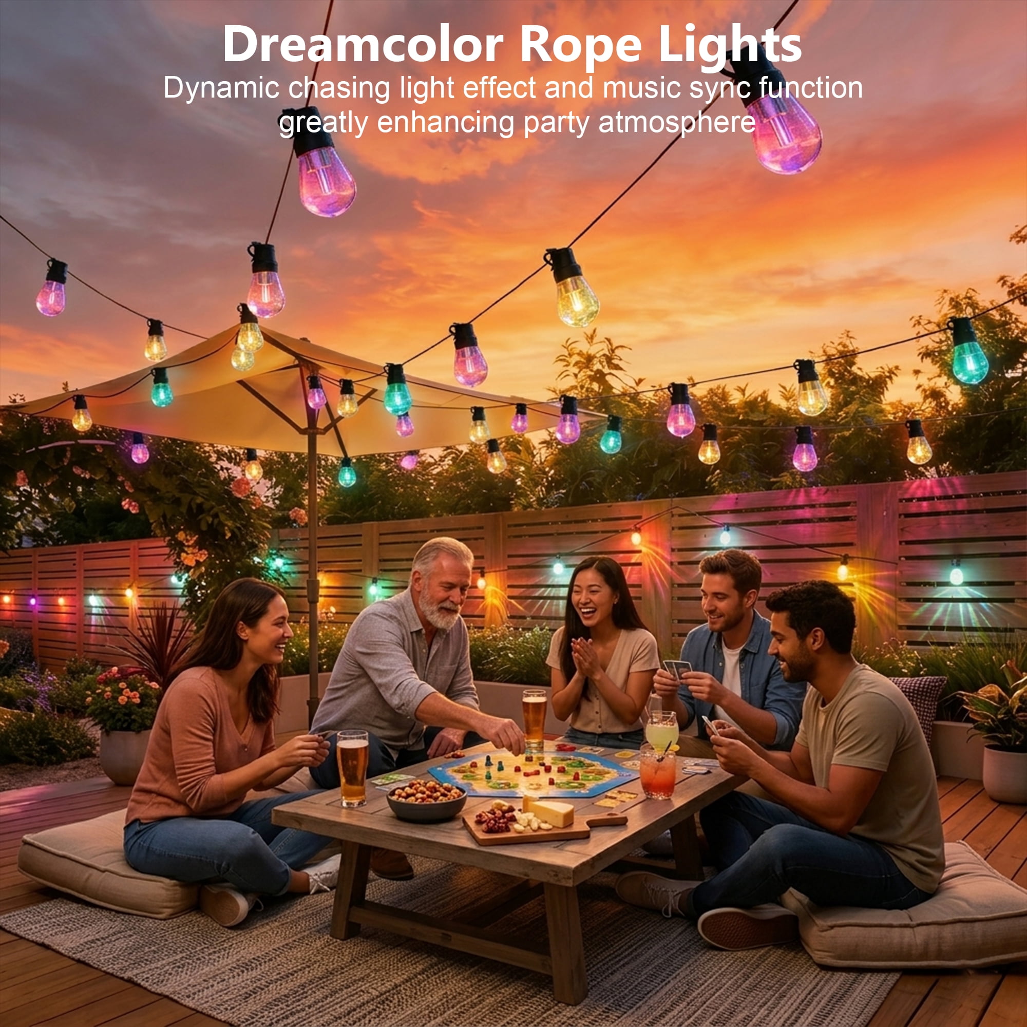 Beizelte RGB LED Outdoor String Lights, Dimmable Waterproof Chasing Color Patio Lighting with App Control (Multicolor, 150 ft) 5e2em