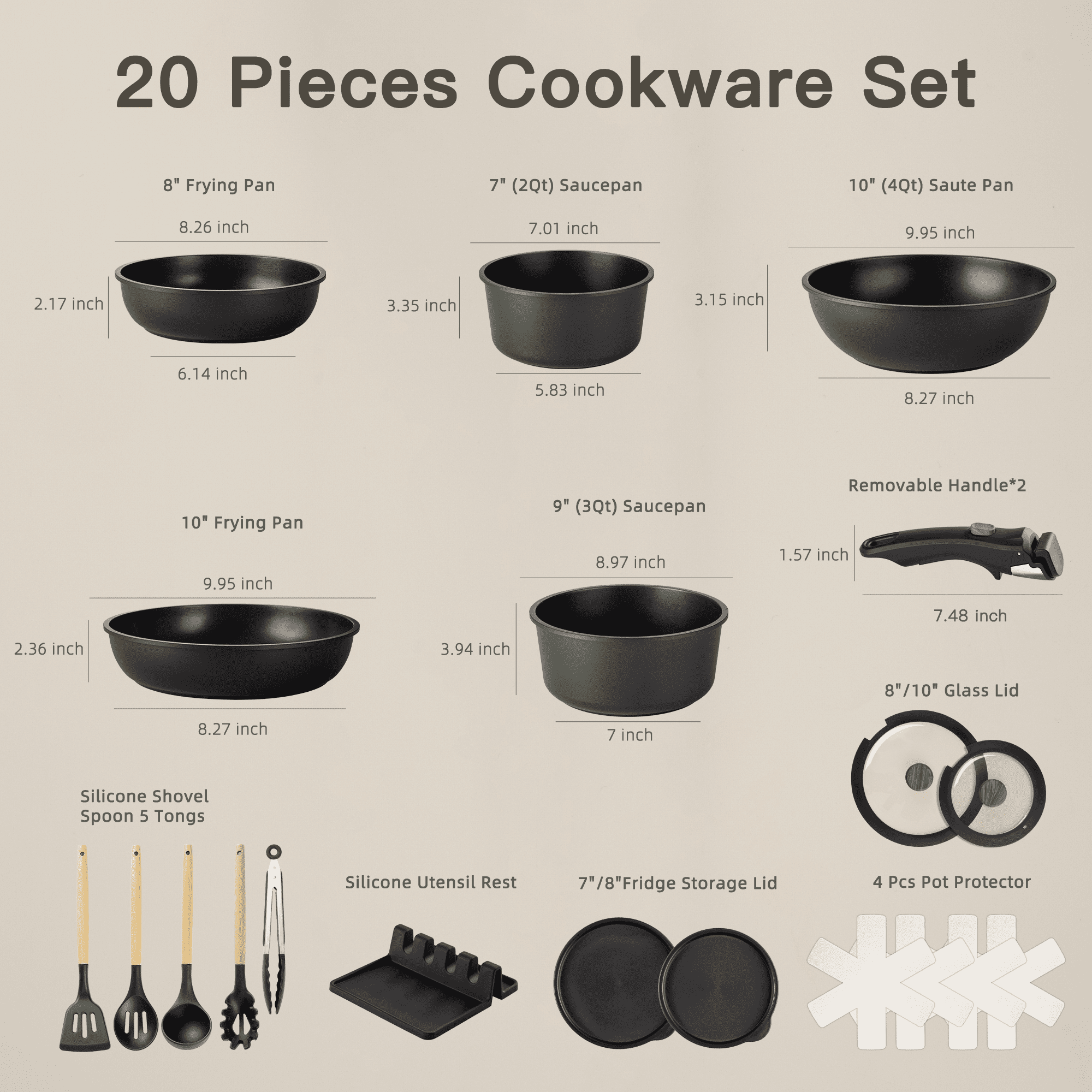 Astercook 20-Piece Nonstick Cookware Set, Detachable Handle Pots and Pans, Induction Compatible, Stackable for RV Kitchen (Black, 20-Piece) fmhtk
