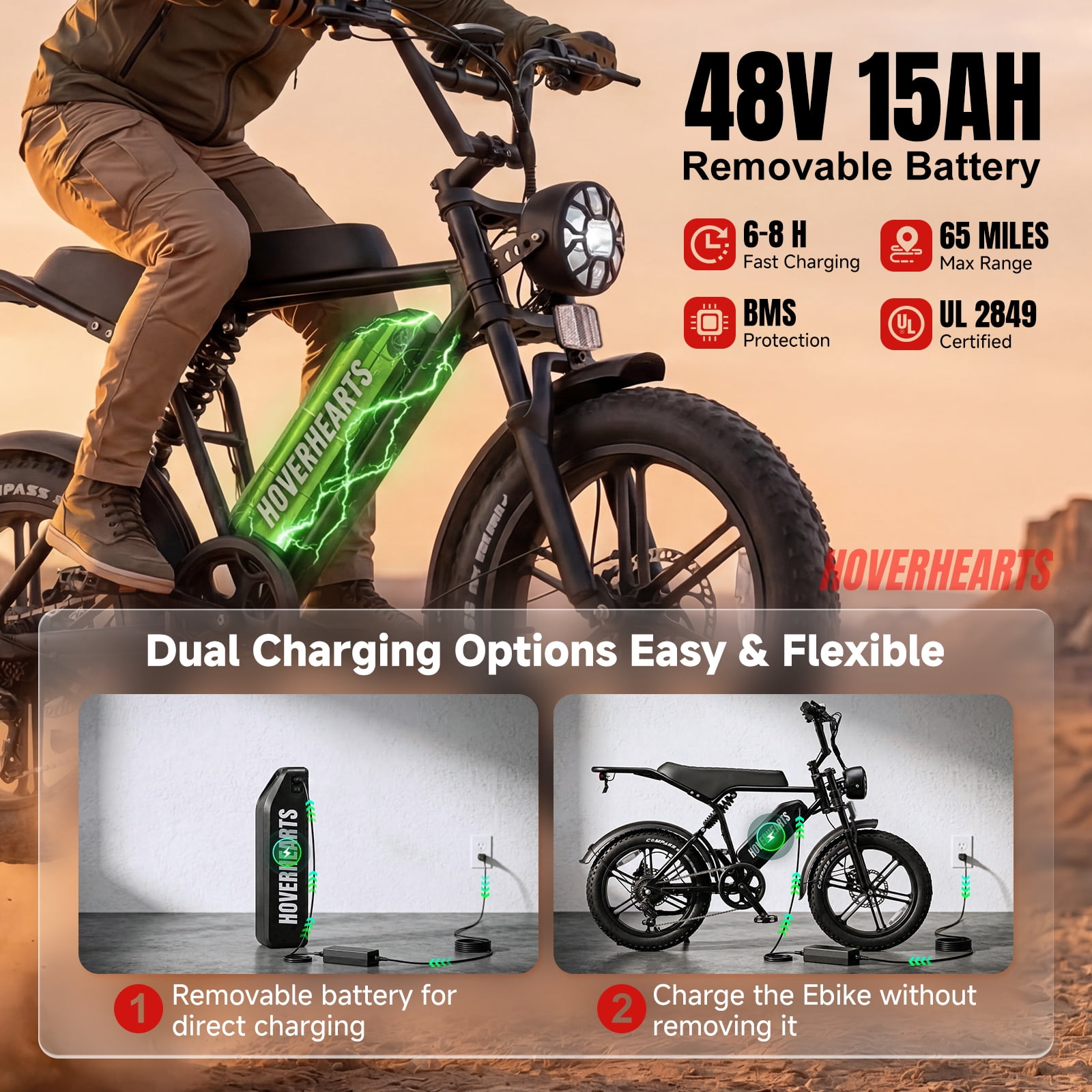 HOVER HEART 20 in Fat Tire Electric Bike 500W Retro E-Bike with Hydraulic Brakes (Black, 20 in) cashj