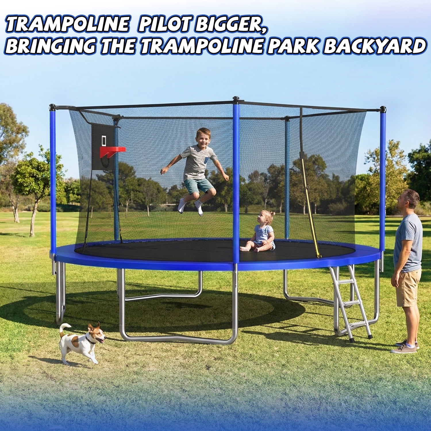 Segmart 14 ft Round Outdoor Trampoline with Enclosure, Basketball Hoop, and Ladder (Blue, 14 ft) ufxpn