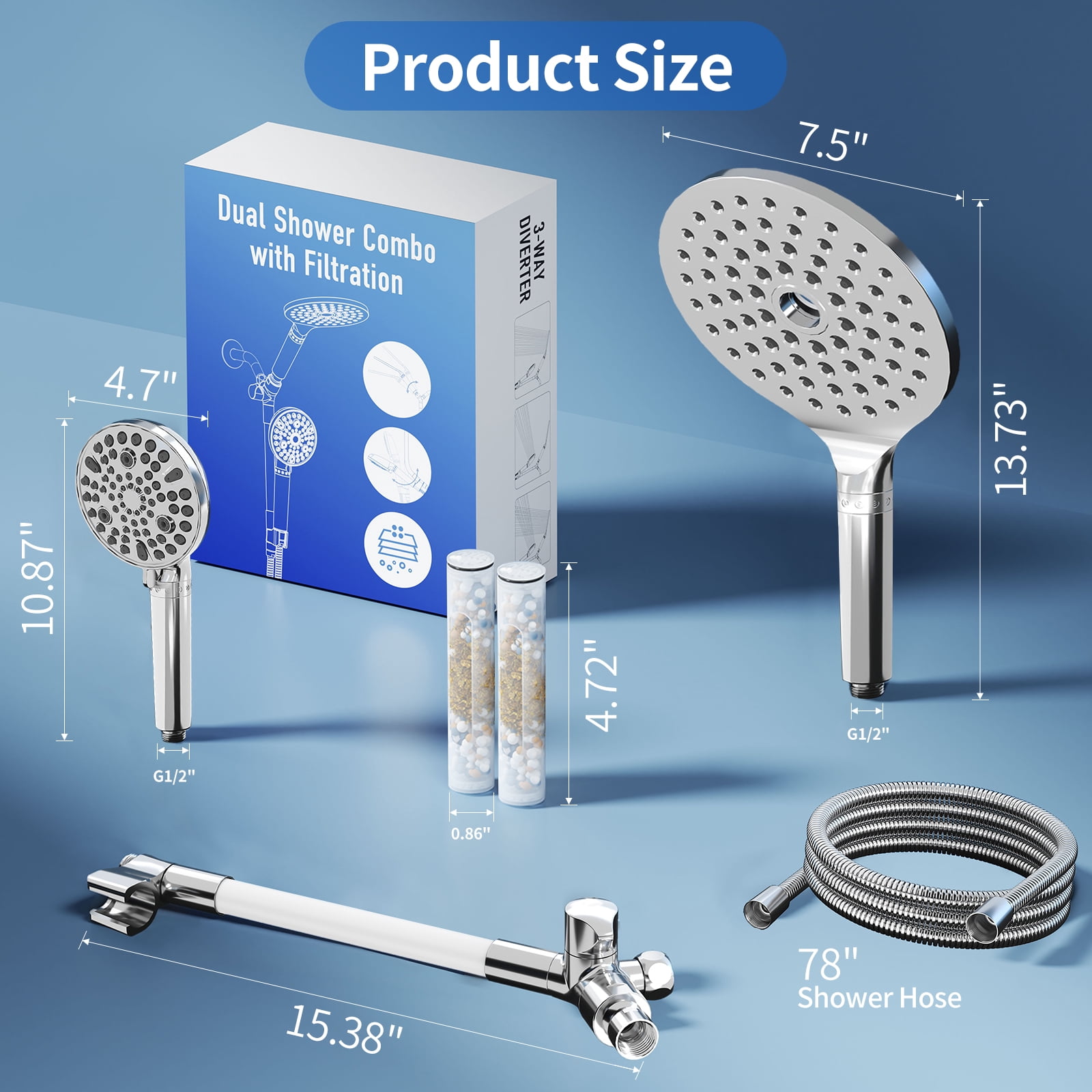 KAIYING Filtered Dual Shower Head System, 9-Mode Rain and Handheld Spray Combo with Adjustable Extension Arm (Chrome, 7.5 in) dsyqg