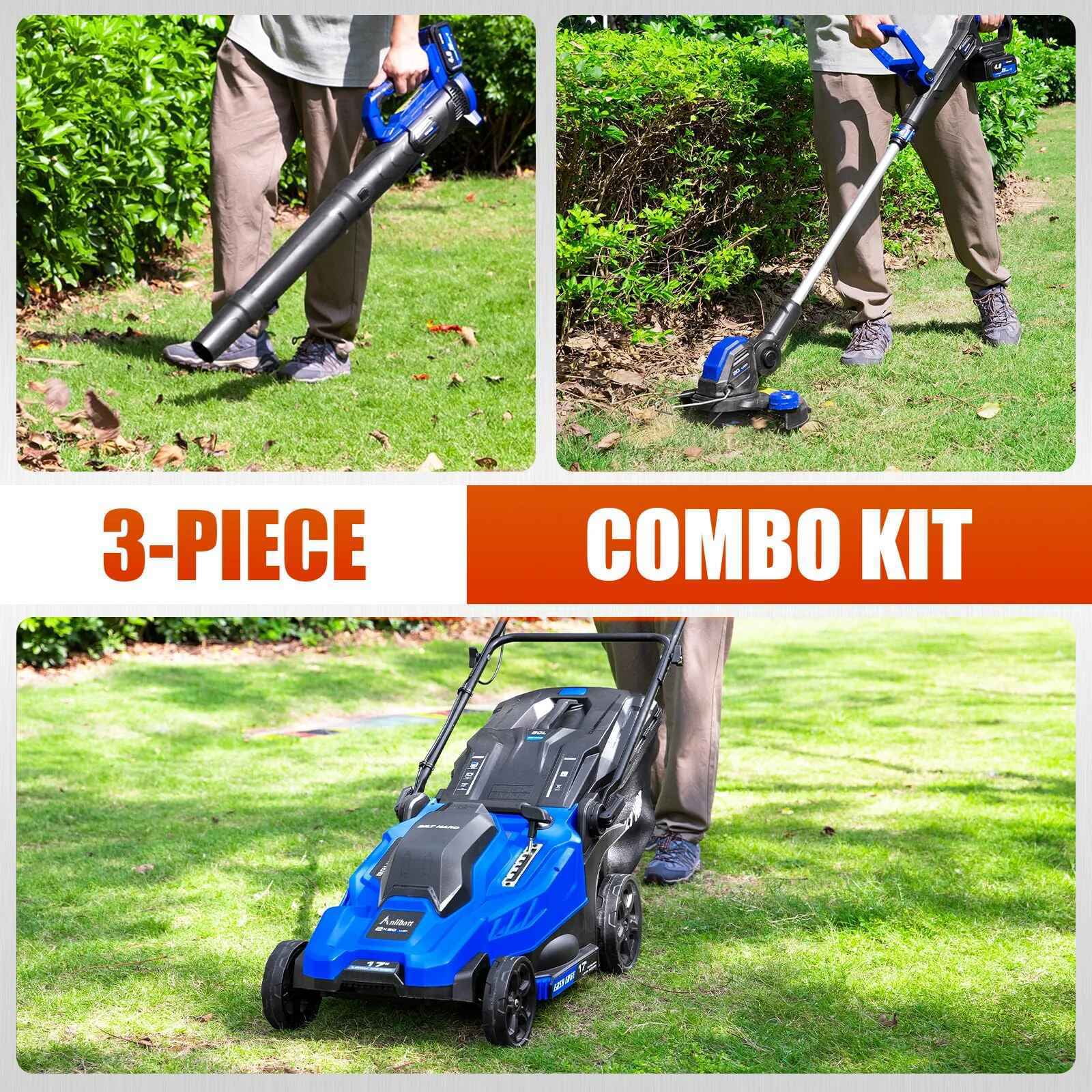 ANLIBATT 40V Cordless Lawn Mower Combo Set with Trimmer and Blower (Blue, 17 in) 61bbc