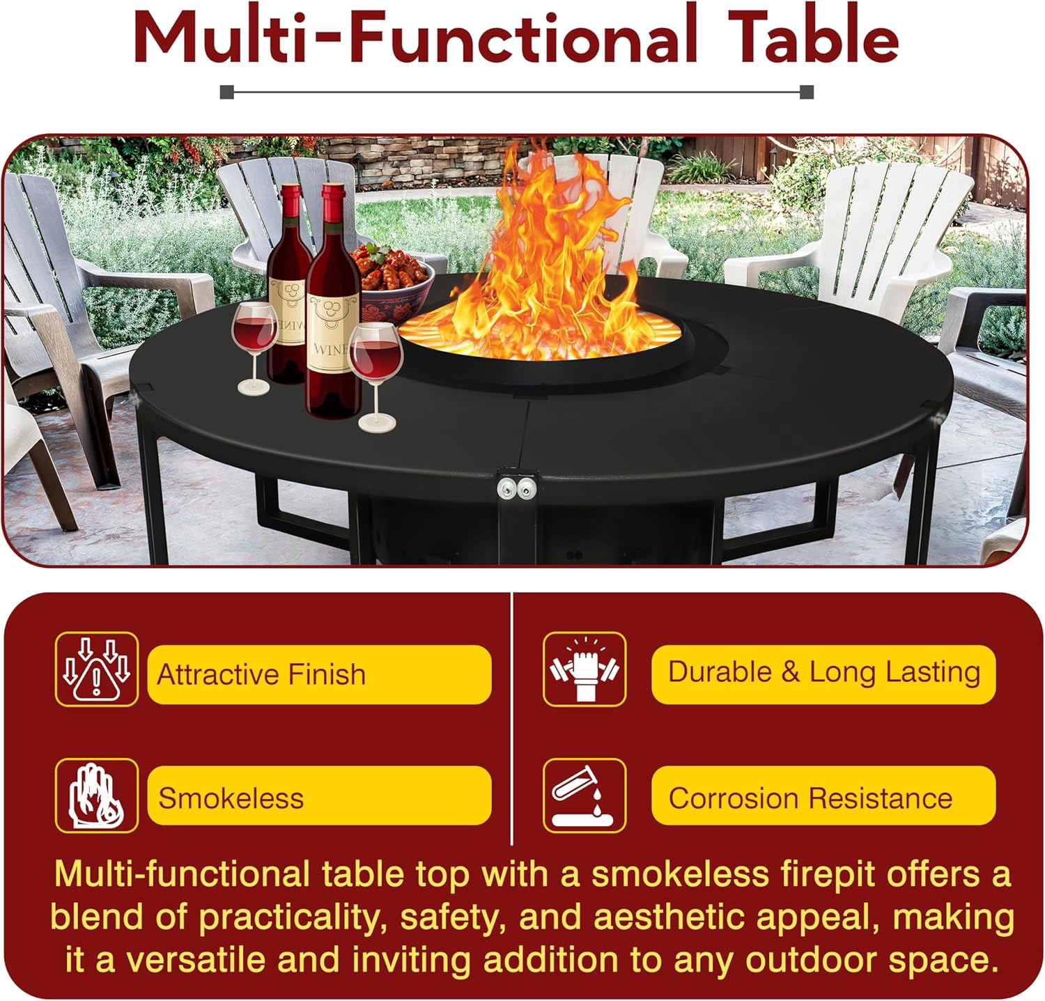 FEBTECH Smokeless Fire Pit with Round Table Top, Portable Outdoor Bonfire Pit for Patio and Camping (Black, 21.6 in) prkuh