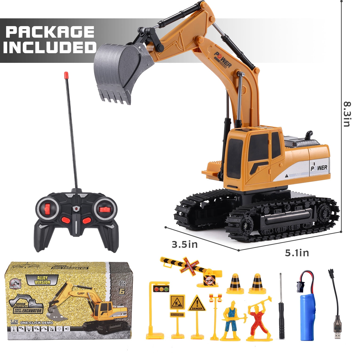 Zacro Remote Control Excavator Toy, 6-Channel RC Construction Truck with Metal Shovel, Lights and Sounds (Yellow, 1:24 Scale) 1h6nn