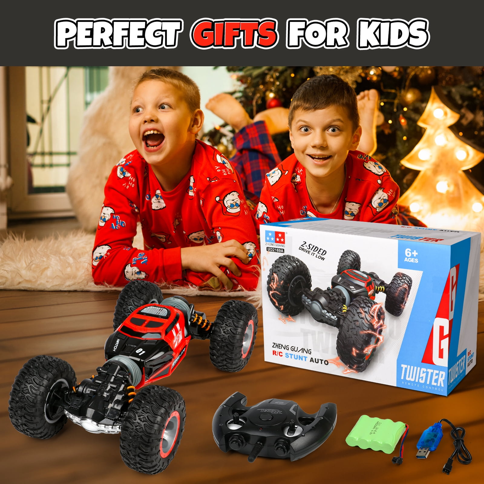 FLOOYES RC Stunt Car 4WD Remote Control Vehicle with LED Lights and Double-Sided Driving (Blue, 1 Pack) l6645