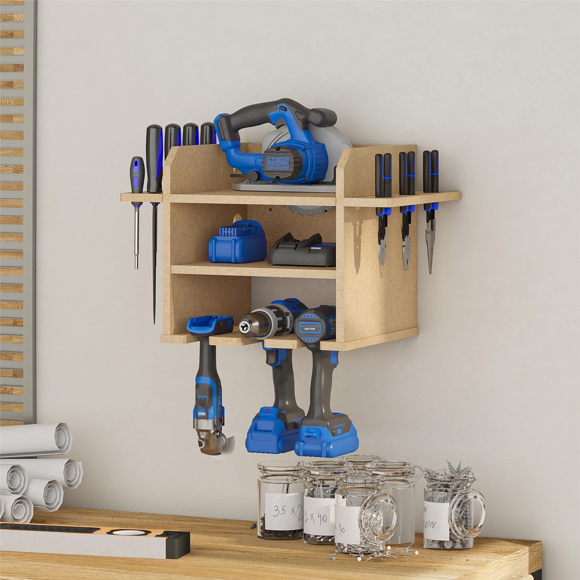 Systembuild Evolution Benford Wall Mount Tool Organizer for Drills and Saws (Raw Board) r7q3o