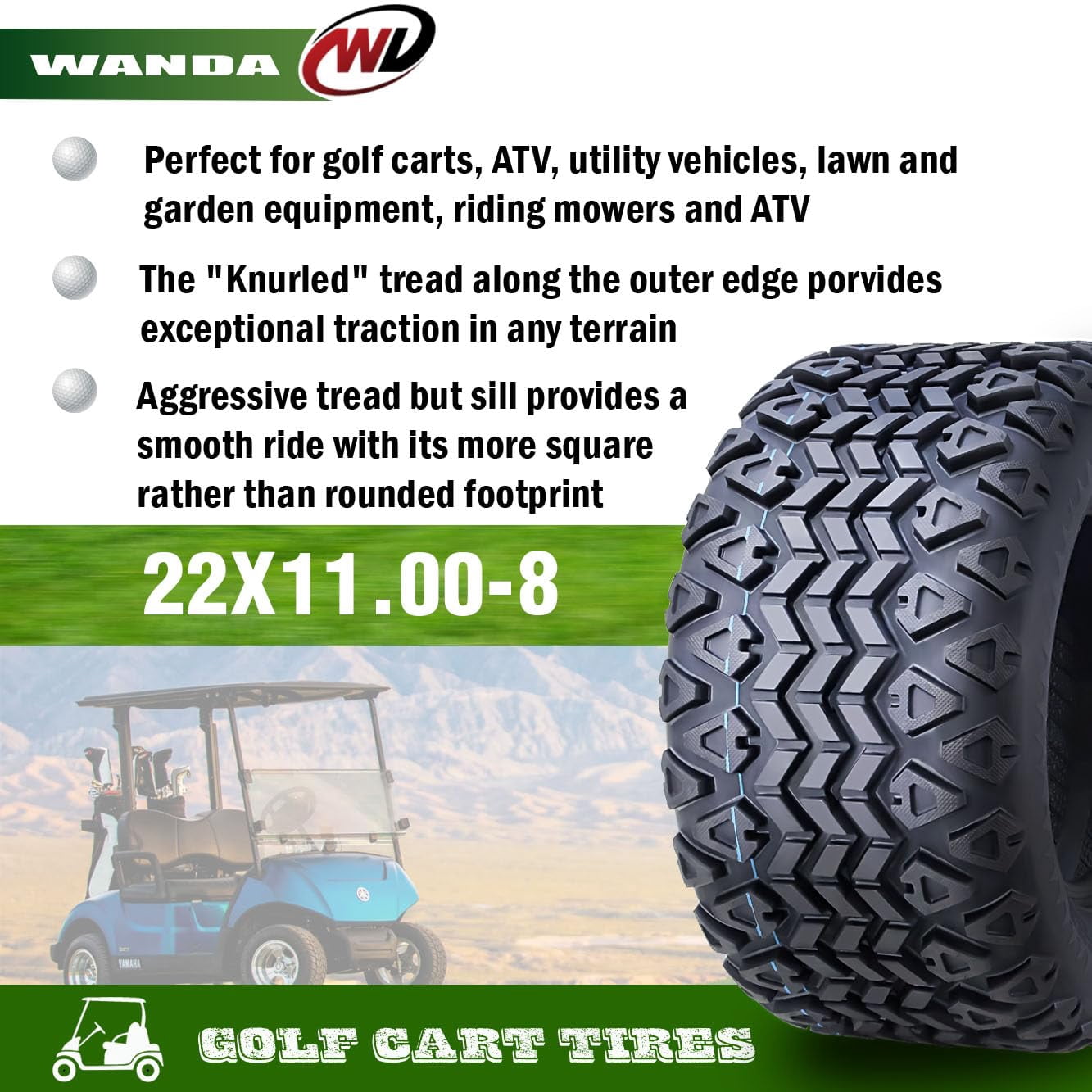WANDA Golf Cart ATV Tires 22x11-8 4-Ply All-Terrain Replacement (Set of 2) 86mhi