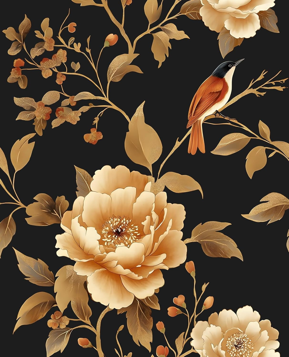 Usachibb Vintage Floral Bird Wallpaper Peel and Stick Boho Wall Mural (Black/Gold, 17.5 in x 118 in) av4xl