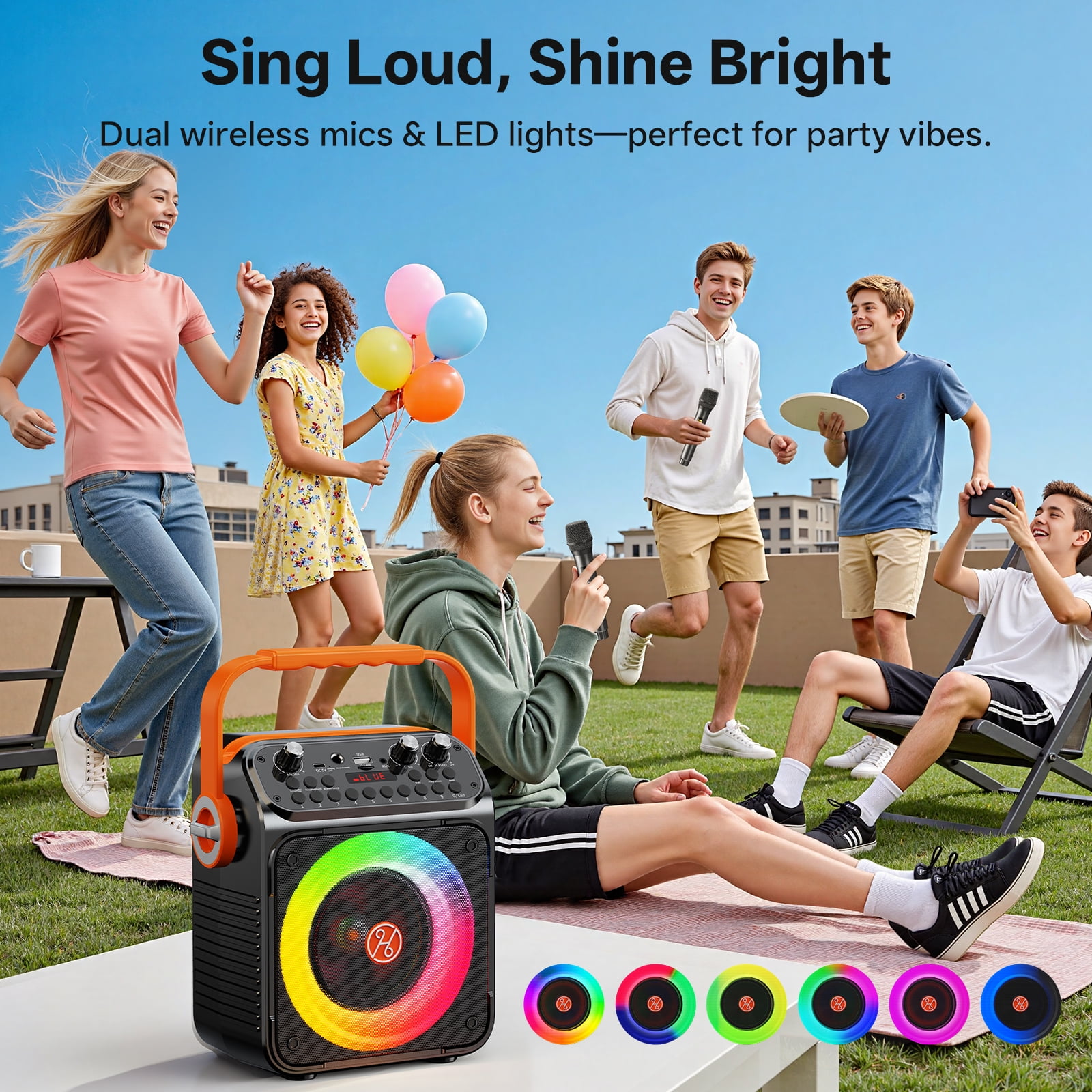 JAUYXIAN Portable Karaoke Machine with 2 Wireless Microphones, Bluetooth Speaker and LED Party Lights (Black, 4.6 lb) jkp9a