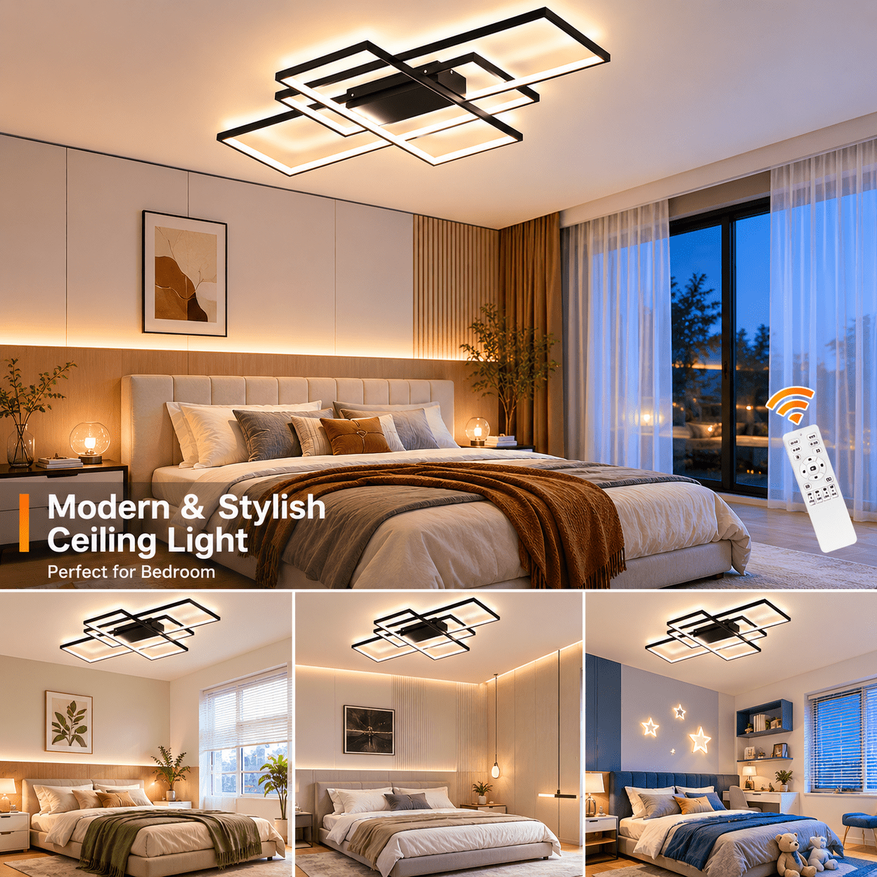 Garwarm 3-Square LED Ceiling Light, Modern Flush Mount Fixture with Remote Control (Black, 35.4 in) 58gf2