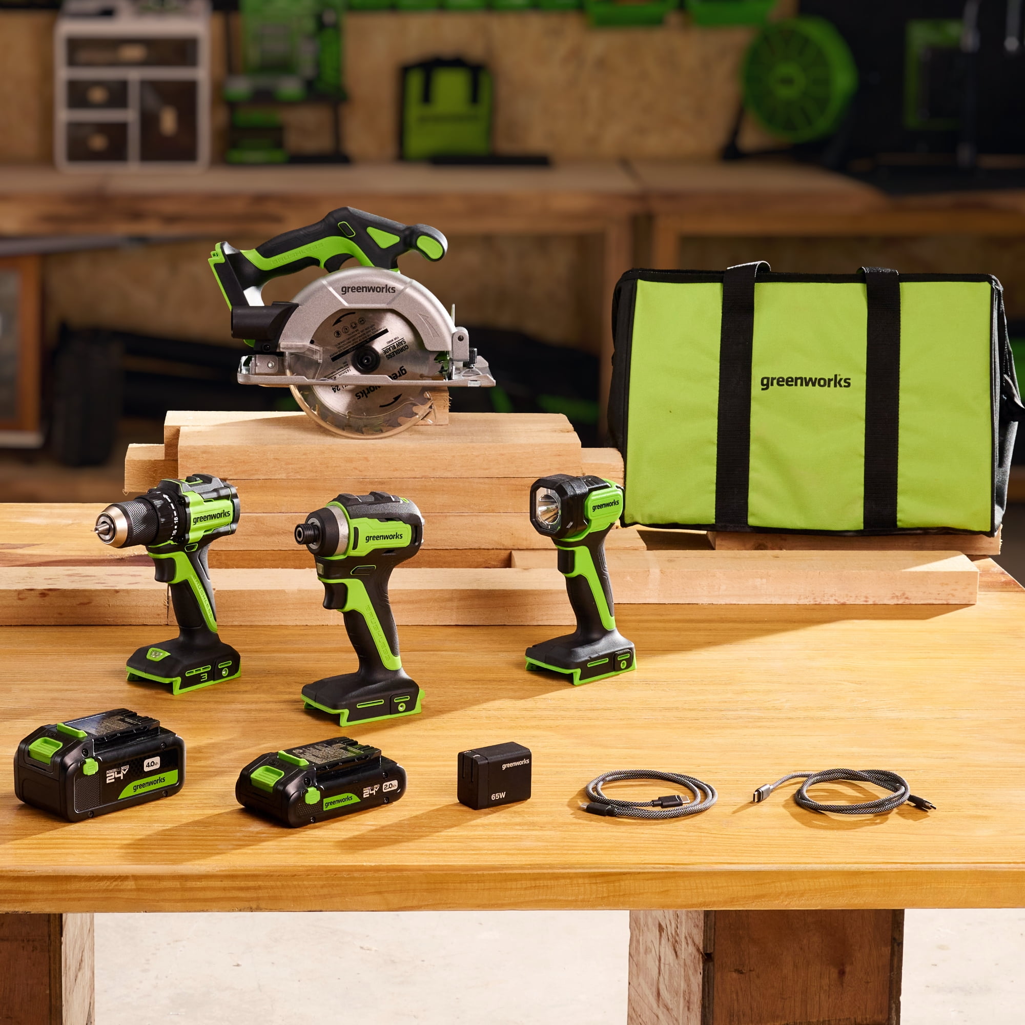 Greenworks 24V Cordless Brushless 4-Piece Power Tool Combo Kit with Drill, Impact Driver, Circular Saw, Flashlight, Batteries, and Charger (Green) gr6y7
