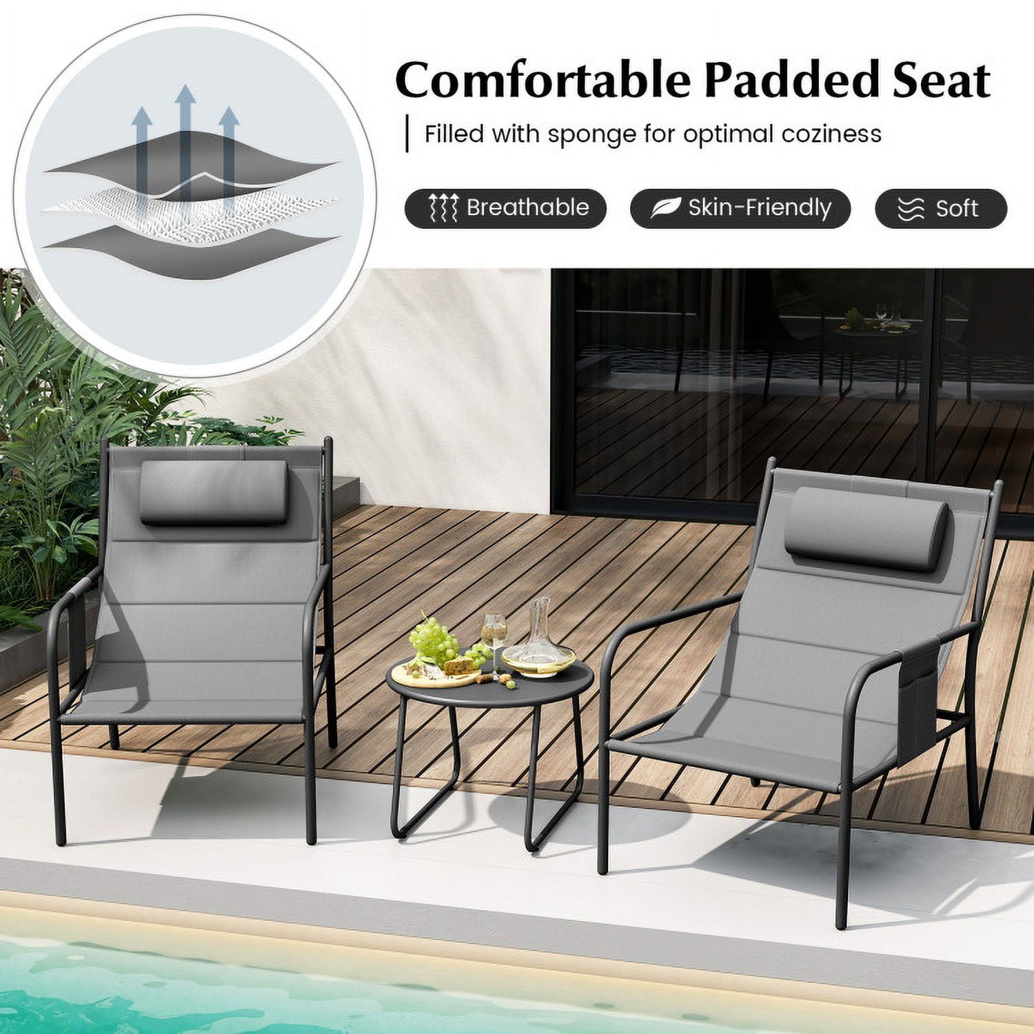 Barara King 3-Piece Outdoor Bistro Set with Metal Chairs and Coffee Table (Gray, 32 in x 24 in x 33 in) bfvqd