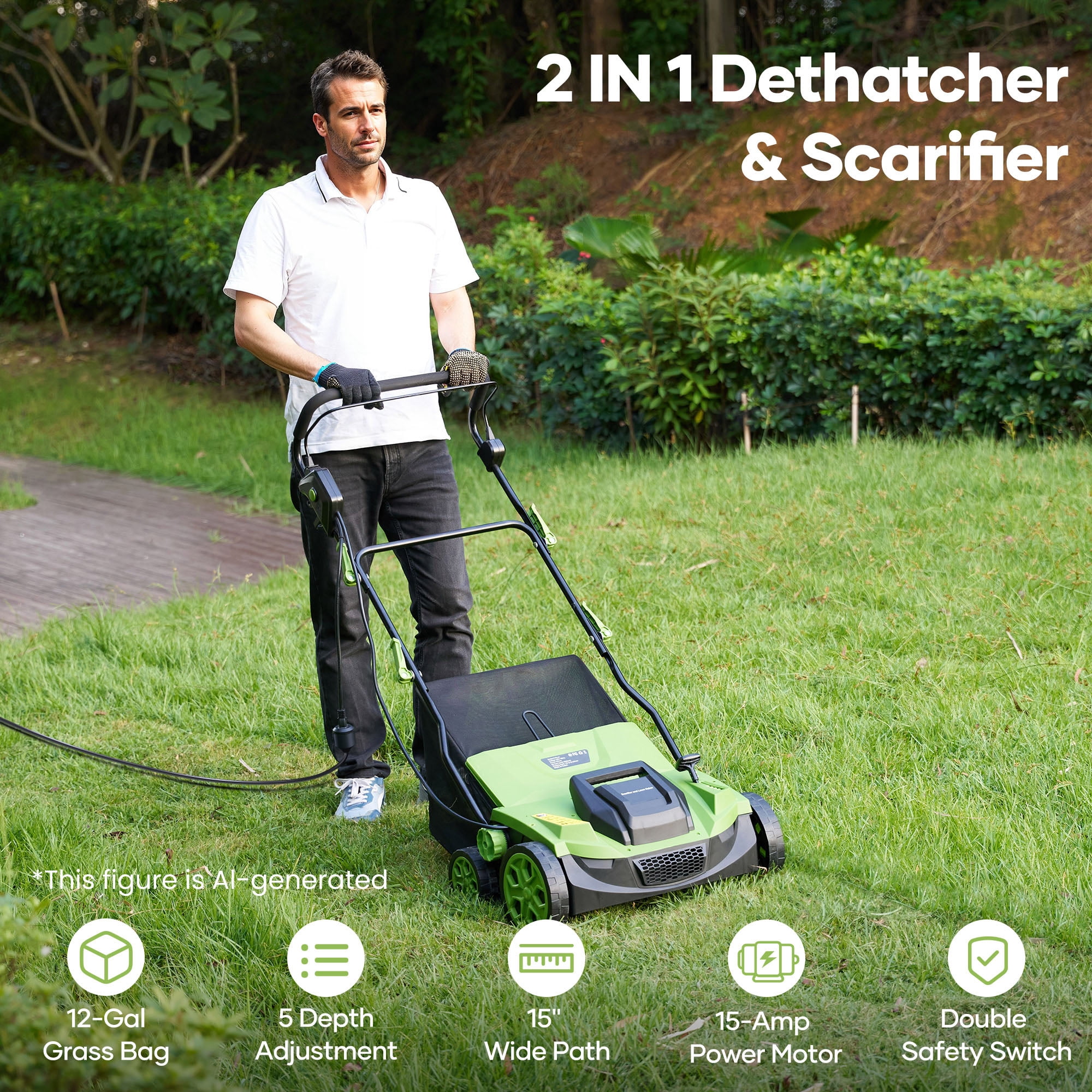 GASKY 15-inch Electric Dethatcher and Scarifier, 15A Lawn Care Tool with 5-Position Depth Adjustment (Green, 15 in) s3l4f