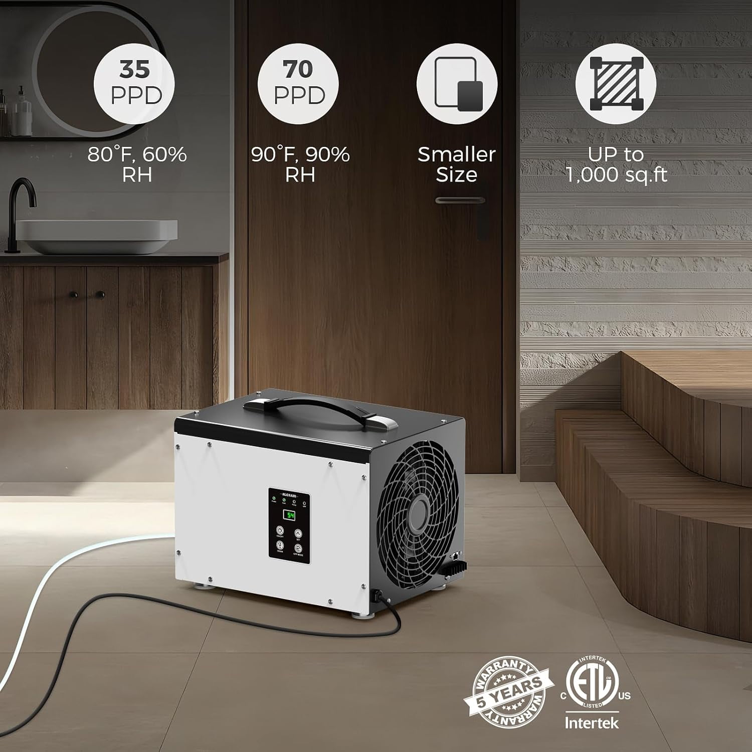 AlorAir 70 Pints Crawl Space and Basement Dehumidifier with Built-in Pump, Automatic Defrost, 1000 Sq Ft Coverage (White, 70 Pints) bpb7c