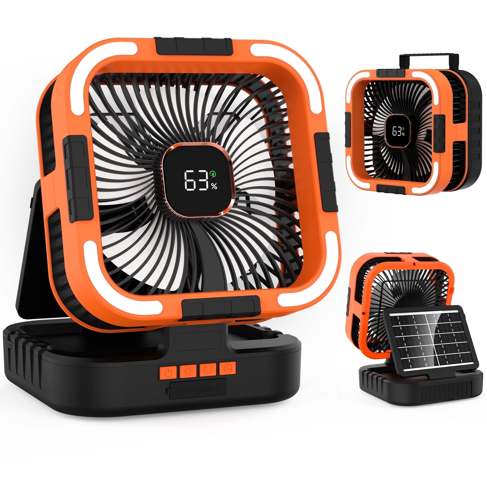 RUNACC Solar Camping Fan with LED Light, 10000mAh Rechargeable Portable Oscillating Fan (Orange, 10000mAh) 70k1h