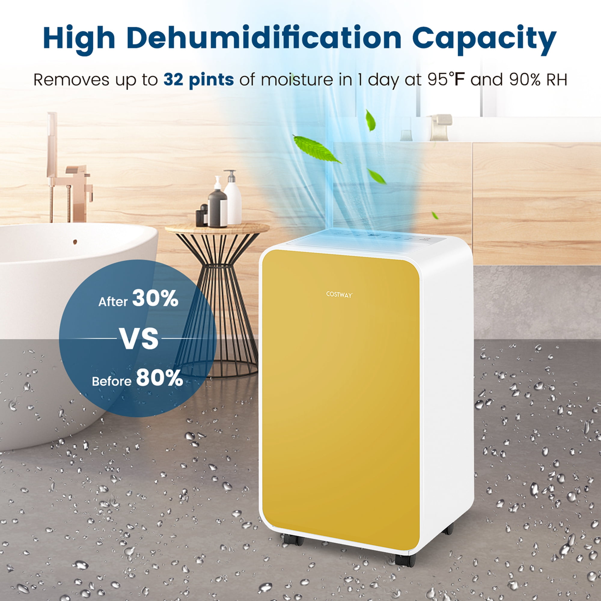 Costway 32 Pint Portable Dehumidifier for Basements and Homes (Yellow, 2500 sq ft) dk5vj