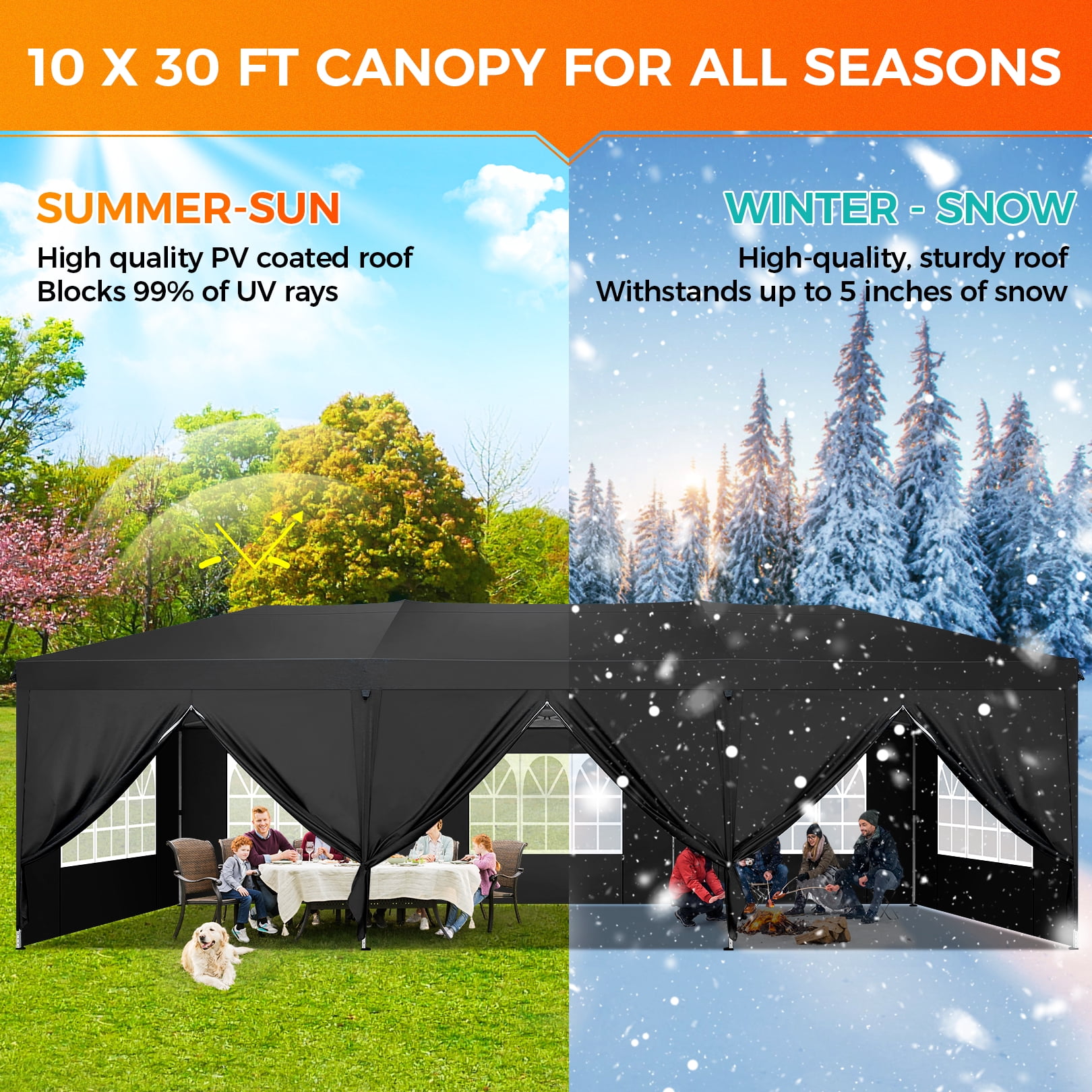 SANOPY 10 x 30 ft Pop Up Canopy Tent, Heavy-Duty Commercial Outdoor Shelter with 8 Removable Sidewalls and Carrying Bag (Black, 10 x 30 ft) oep66